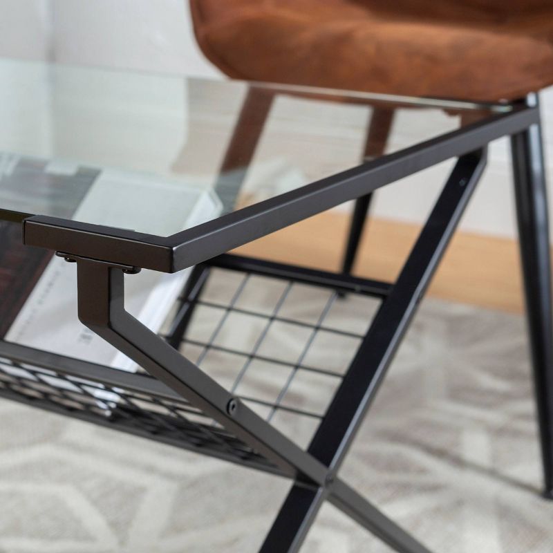 Modern Metal & Glass Coffee Table with Magazine Holder Black - Saracina Home