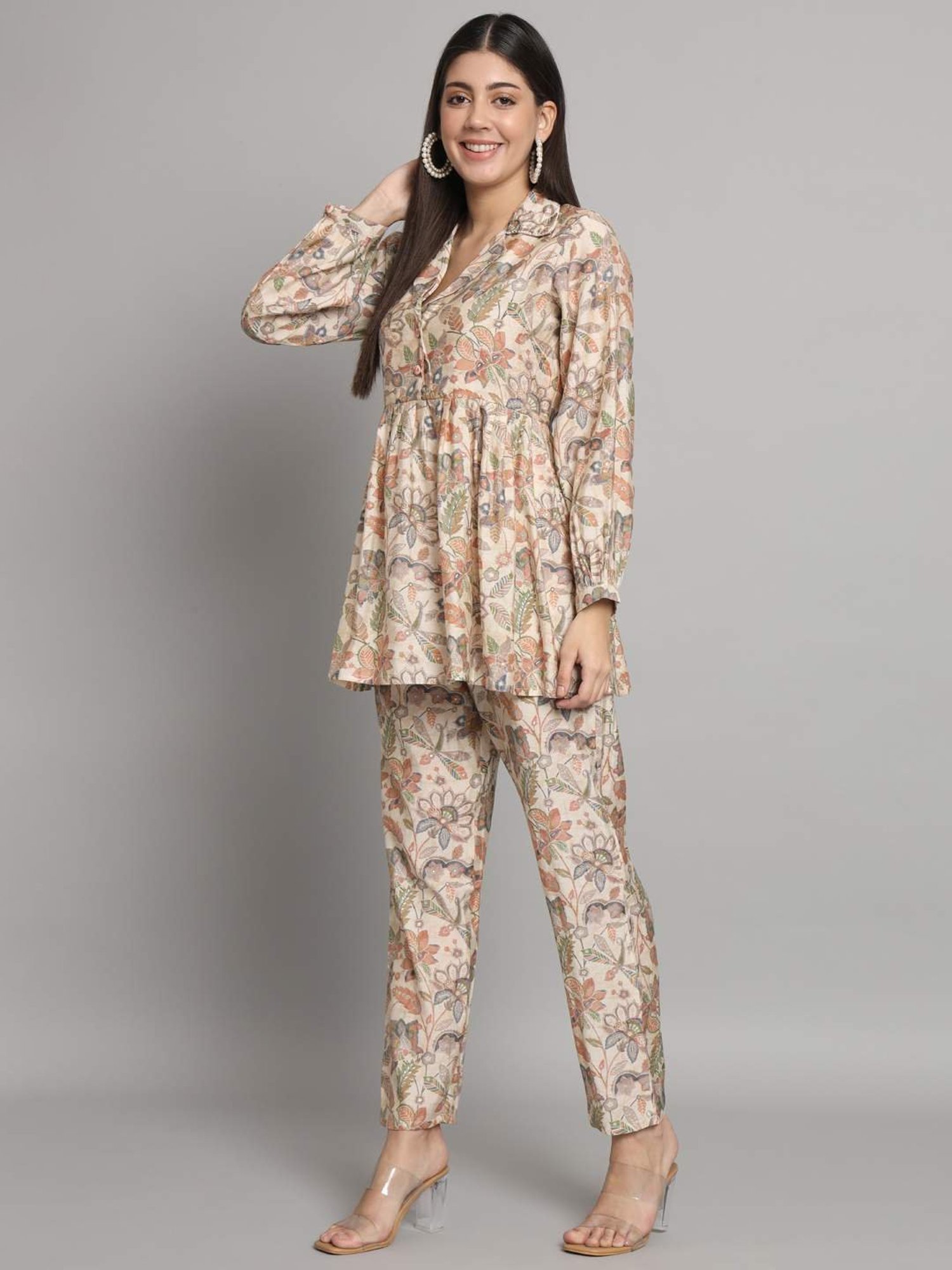 READIPRINT FASHIONS Beige Floral Print Top Pant Set