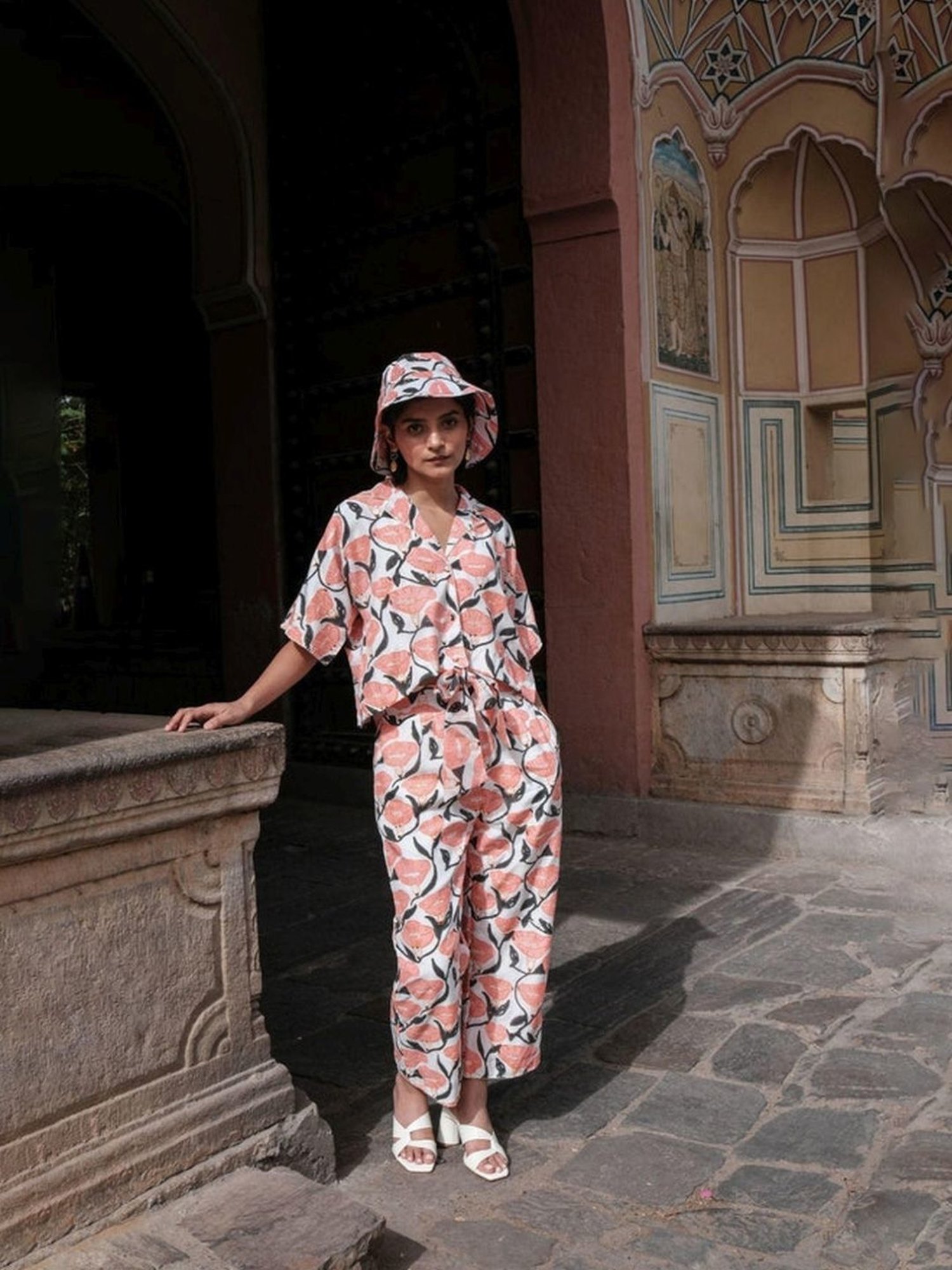 Khajoor Studio White & Pink Bageecha Outlined Florals Boxy Resort Shirt