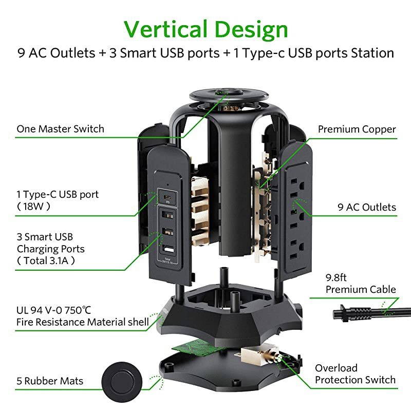 Protector Power Strip Tower 9 AC Outlet 3 USB Ports 1 USB C Ports with 10FT Extension Cord Power Strip Vertical Overload Protection, Multiple Outlets Electric Charging Station for Home Office