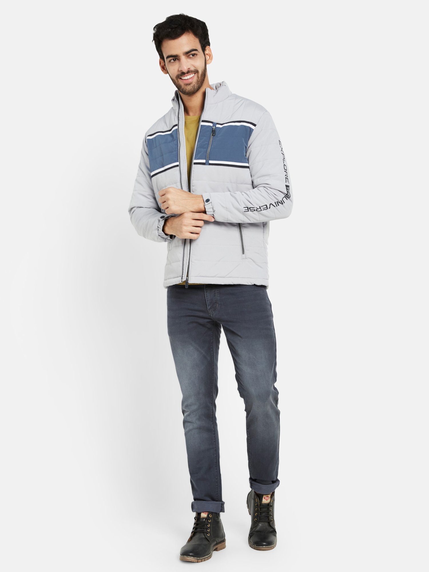 METTLE Light Grey Regular Fit Mock Collar Jacket