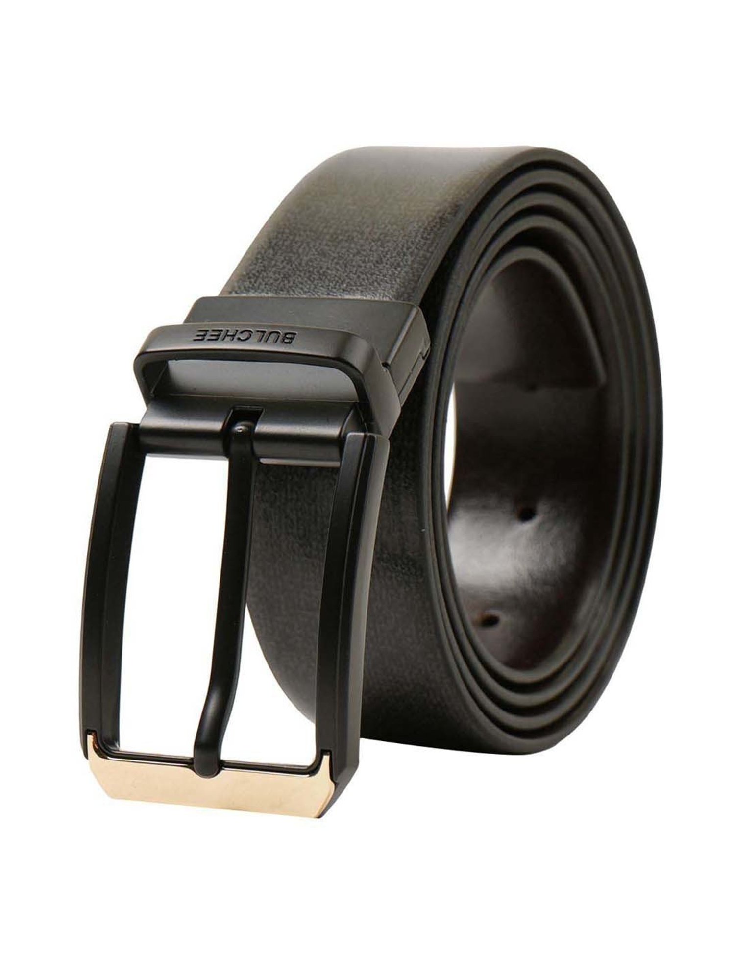 BULCHEE Black Leather Prong Reversible Belt for Men