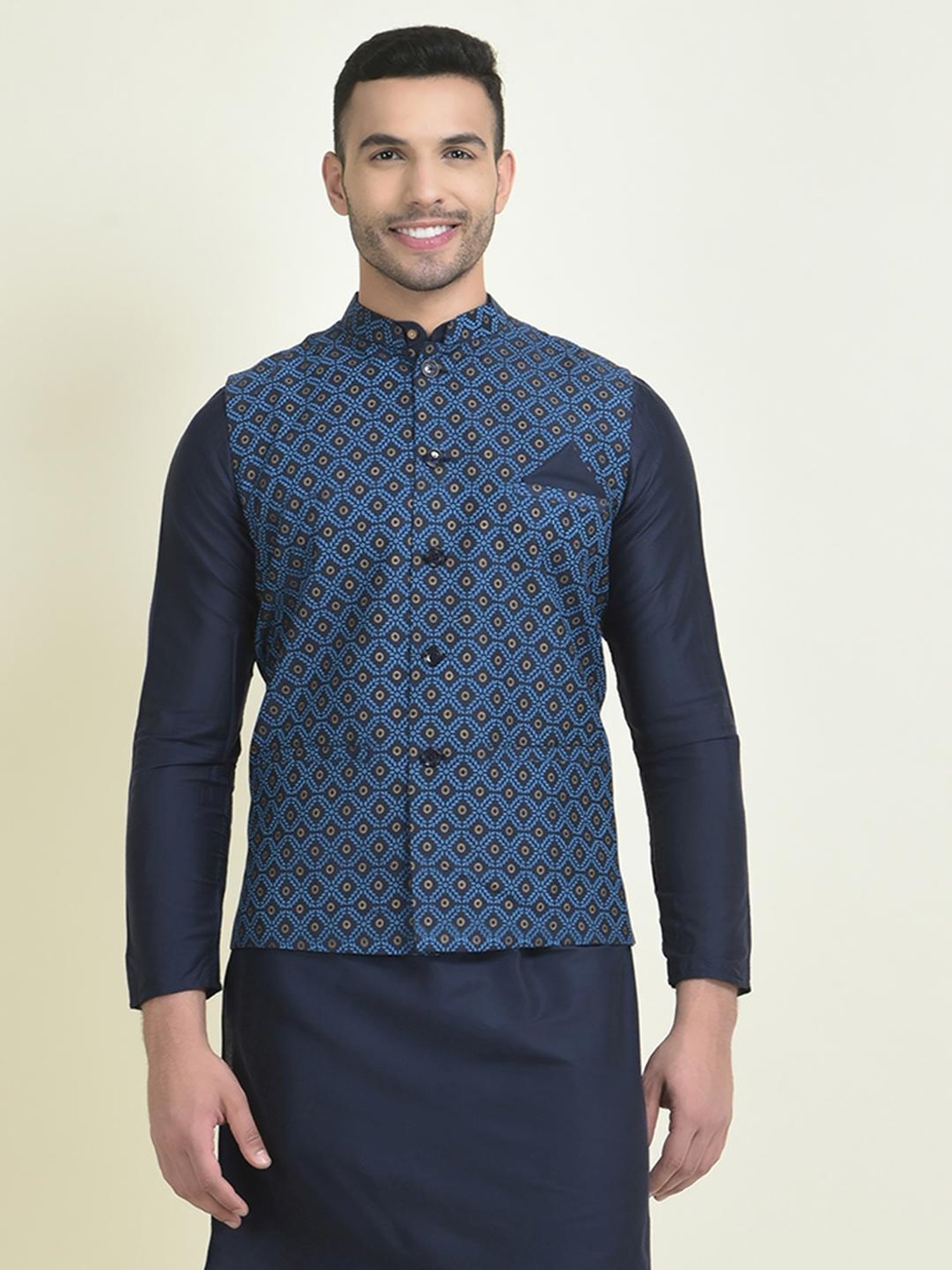 Deyann Navy Blue Regular Fit Printed Kurta Set With Jacket