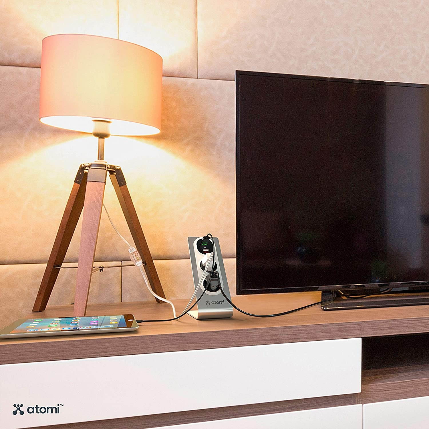 Atomi Desktop Surge Protector with USB Outlets &ndash; 2 Power Outlets & 2 Ai Charge USB Outlets w/Rapid Charge, 10W, 2.1A USB, 400 Joules of Protection, Organize Your Desk, Heavyweight Metal, Silver