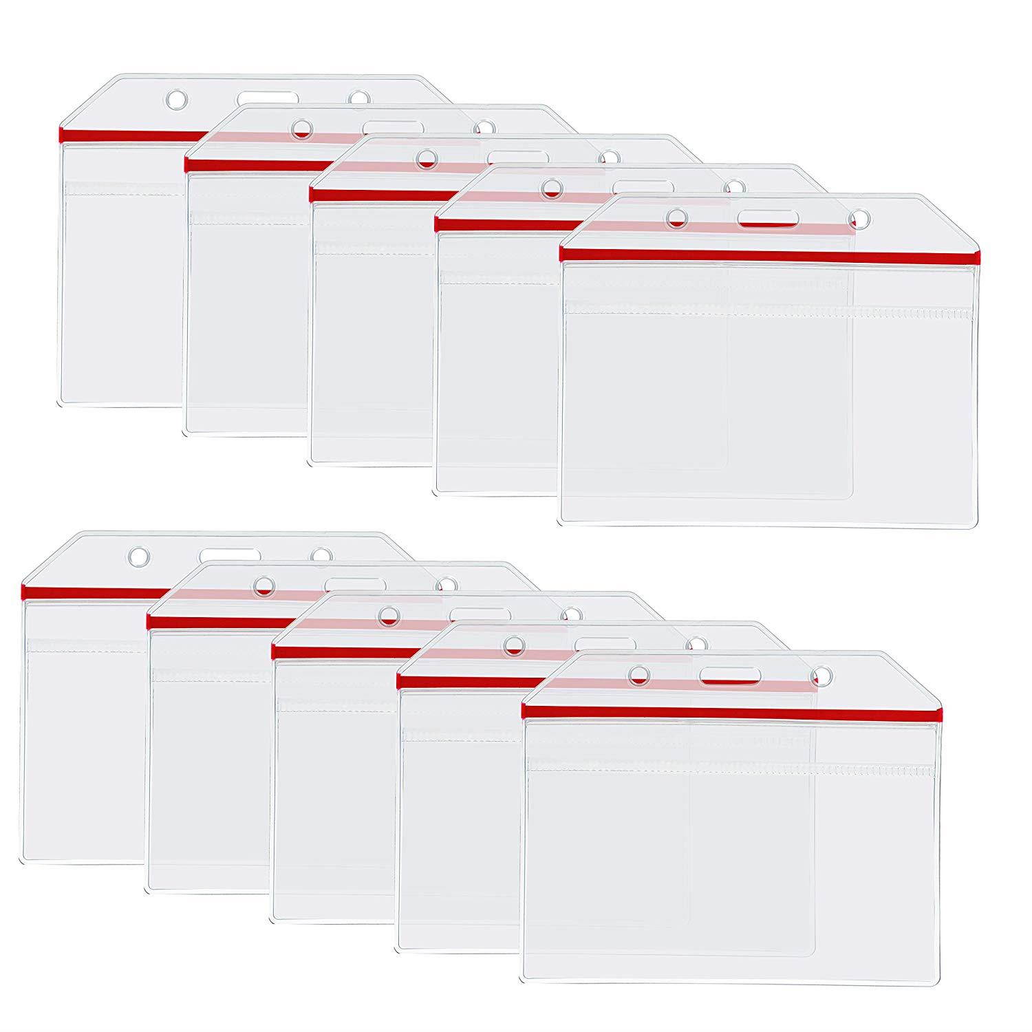 Badge Holder, 10 Pack PVC Heavy Duty Clear Name ID Card Holder With Waterproof Resealable Zip by Wisdompro - Horizontal Red