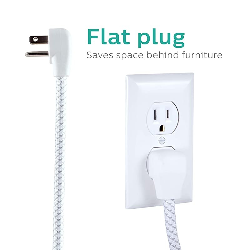 Accessories 3 Outlet 3 USB Surge Protector Extension Cord, 10 Ft Extra-Long Power Cord, Braided Extension Cord, Power Strip, Flat Plug, 300 Joules, ETL Listed, White, SPC6334WE/37