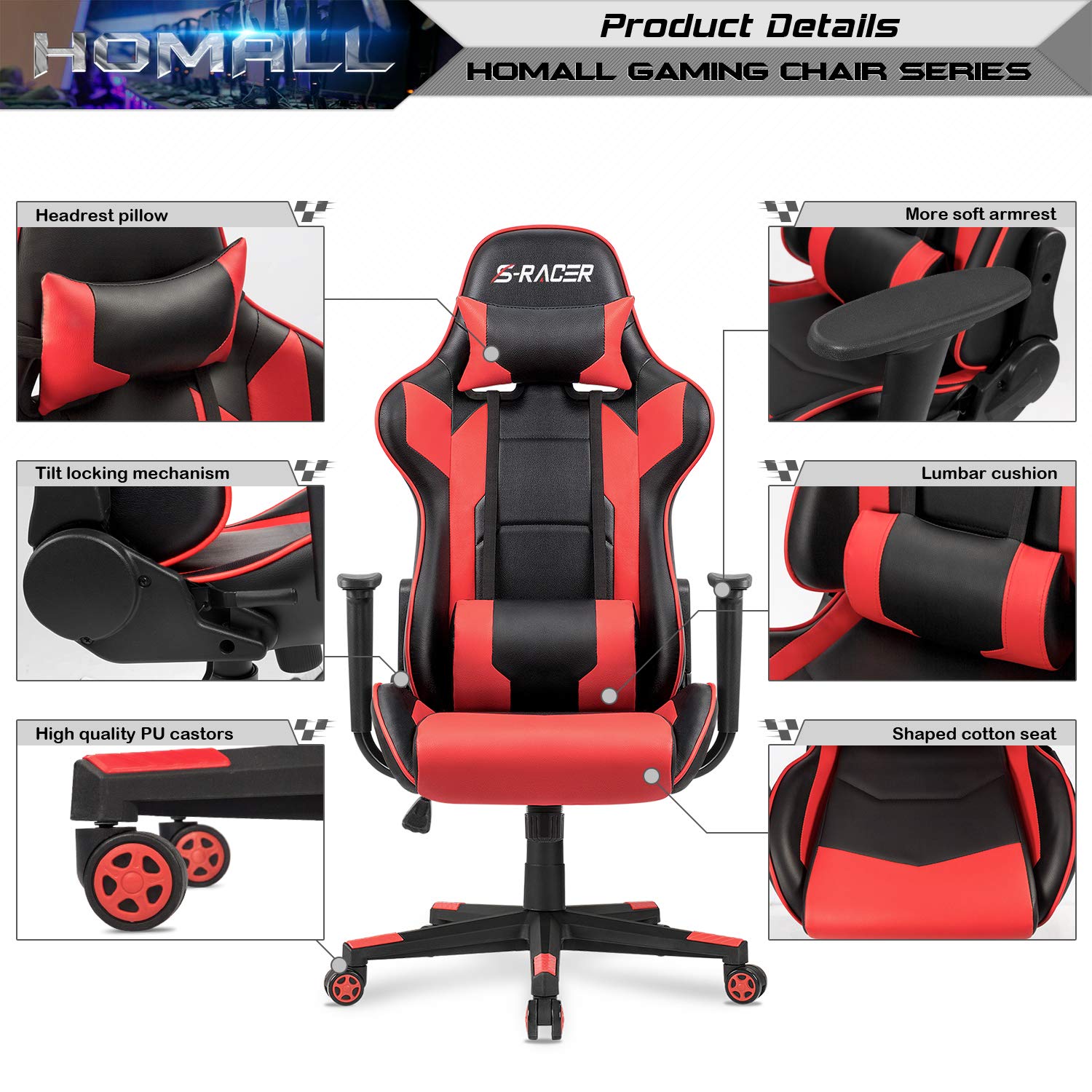 Homall Gaming Chair Office Chair High Back Computer Chair PU Leather Desk Chair Racing Executive Ergonomic Swivel Task Chair, Seat Height Adjustable, with Headrest and Lumbar Support (Blue)