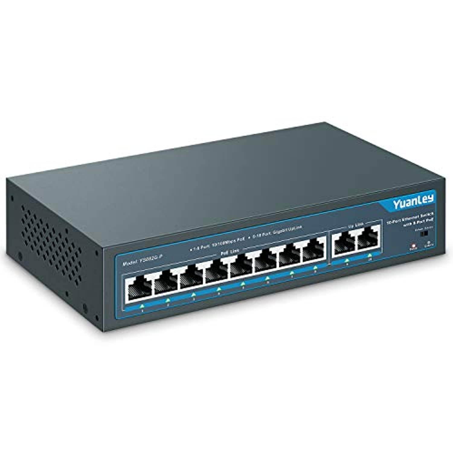 YuanLey 10 Port PoE Switch, 8 PoE+ Port 100Mbps, 2 Gigabit Uplink, 120W 802.3af/at, Extend Function, Metal, Fanless, Plug and Play (YS082G-P)