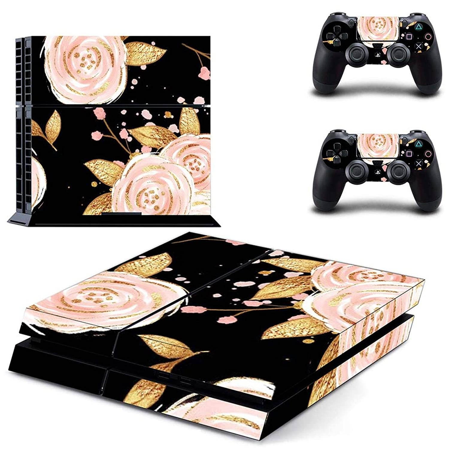 ZOOMHITSKINS PS4 Console and Controller Skins, Gold Glossy Flowers Pink Rose Black Leaves Floral Coral Cute High Quality, Durable, Bubble-free Goo-free, 1 Console Skin 2 Controller Skins, Made in USA