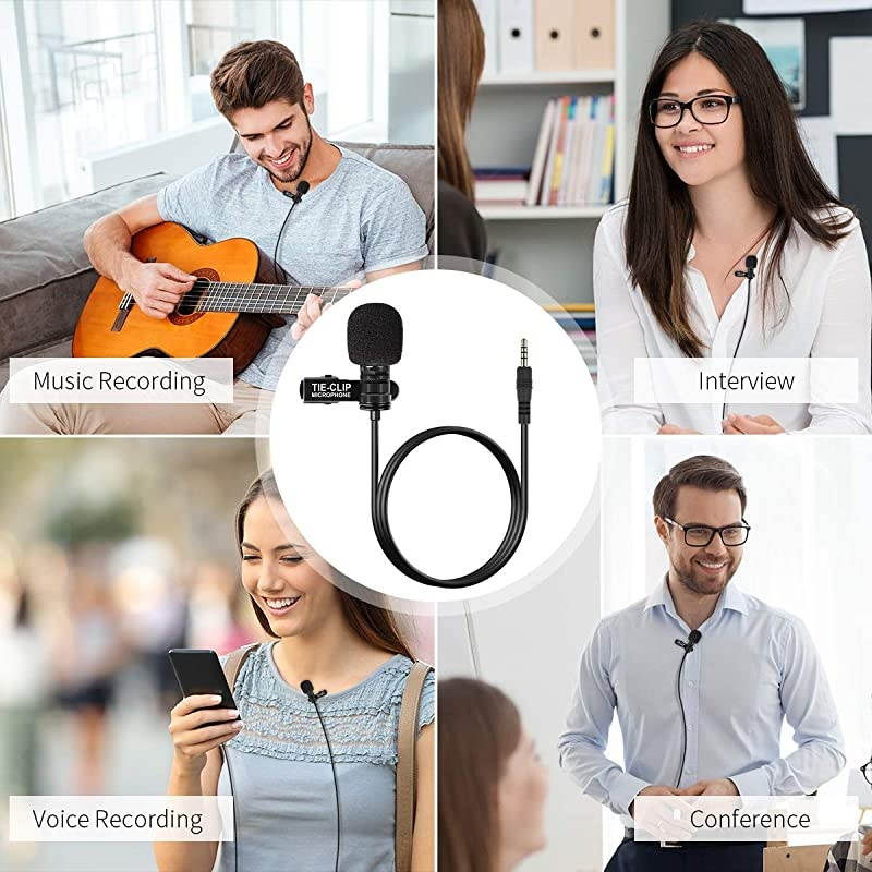 Lapel Microphone with 65 Feet Extension Cable and 4 to 3 Pin Adapter 35mm Clipon Omnidirectional Lavalier Mic for iPhone Android Smartphone