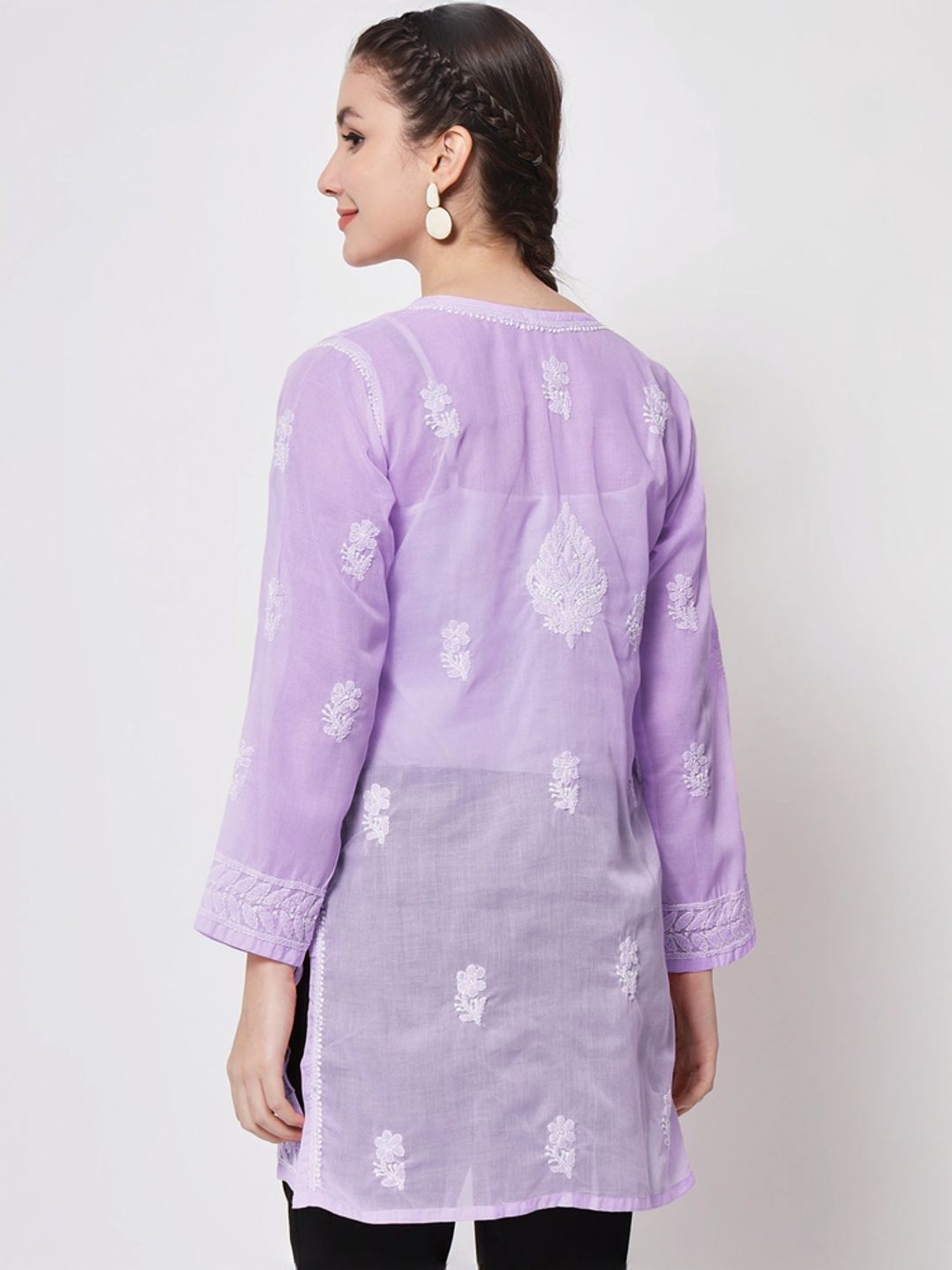 PARAMOUNT CHIKAN Violet Cotton Hand Embroidered Chikankari Straight Kurti