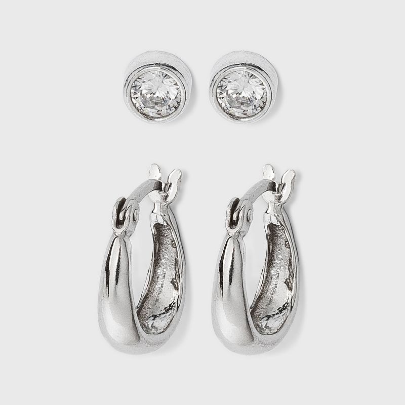 Sterling Silver Cubic Zirconia and Click Top  Hoop Earring Set 2pc - A New Day™ Silver