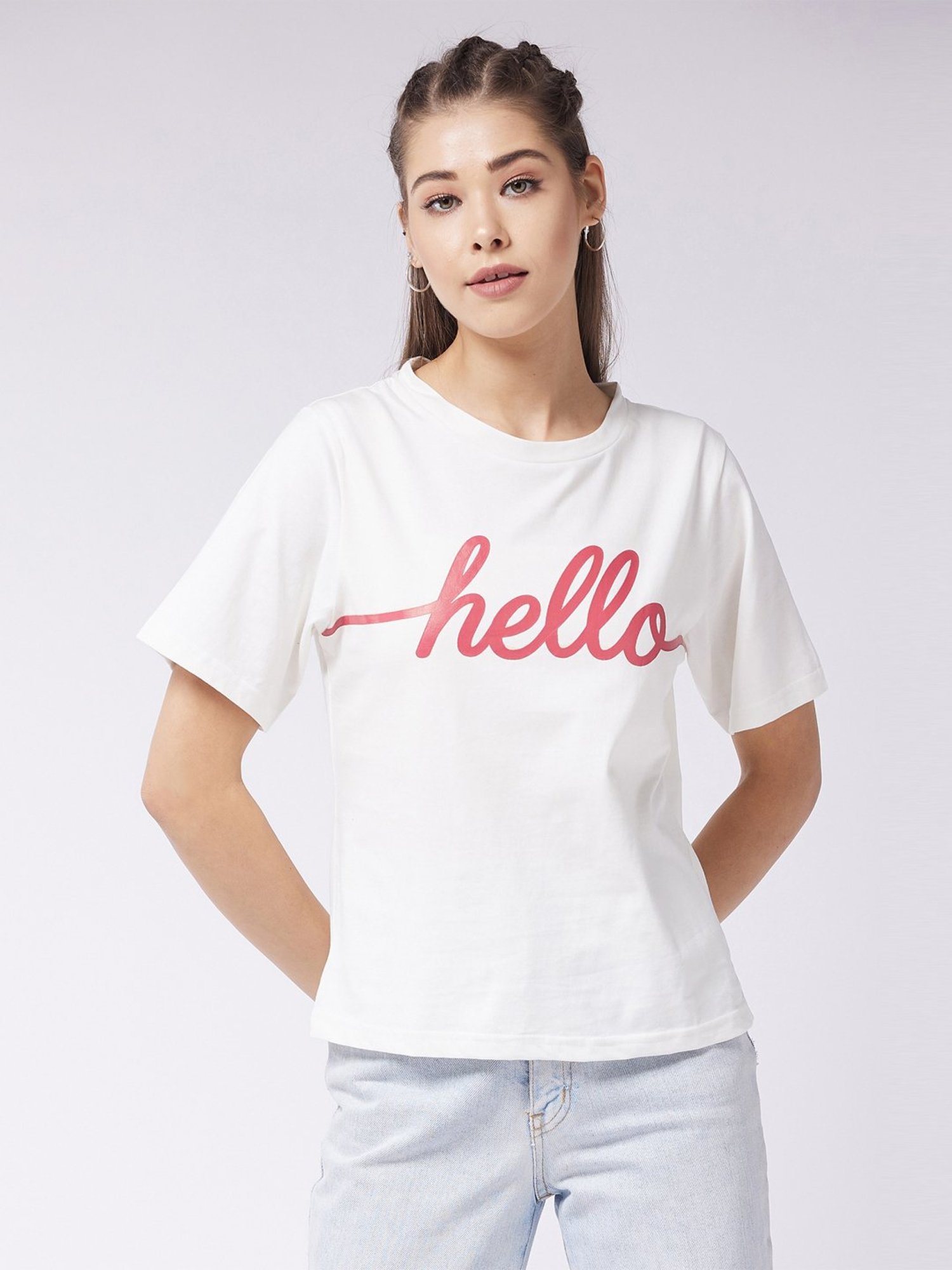 Miss Chase White Cotton Printed T-shirt
