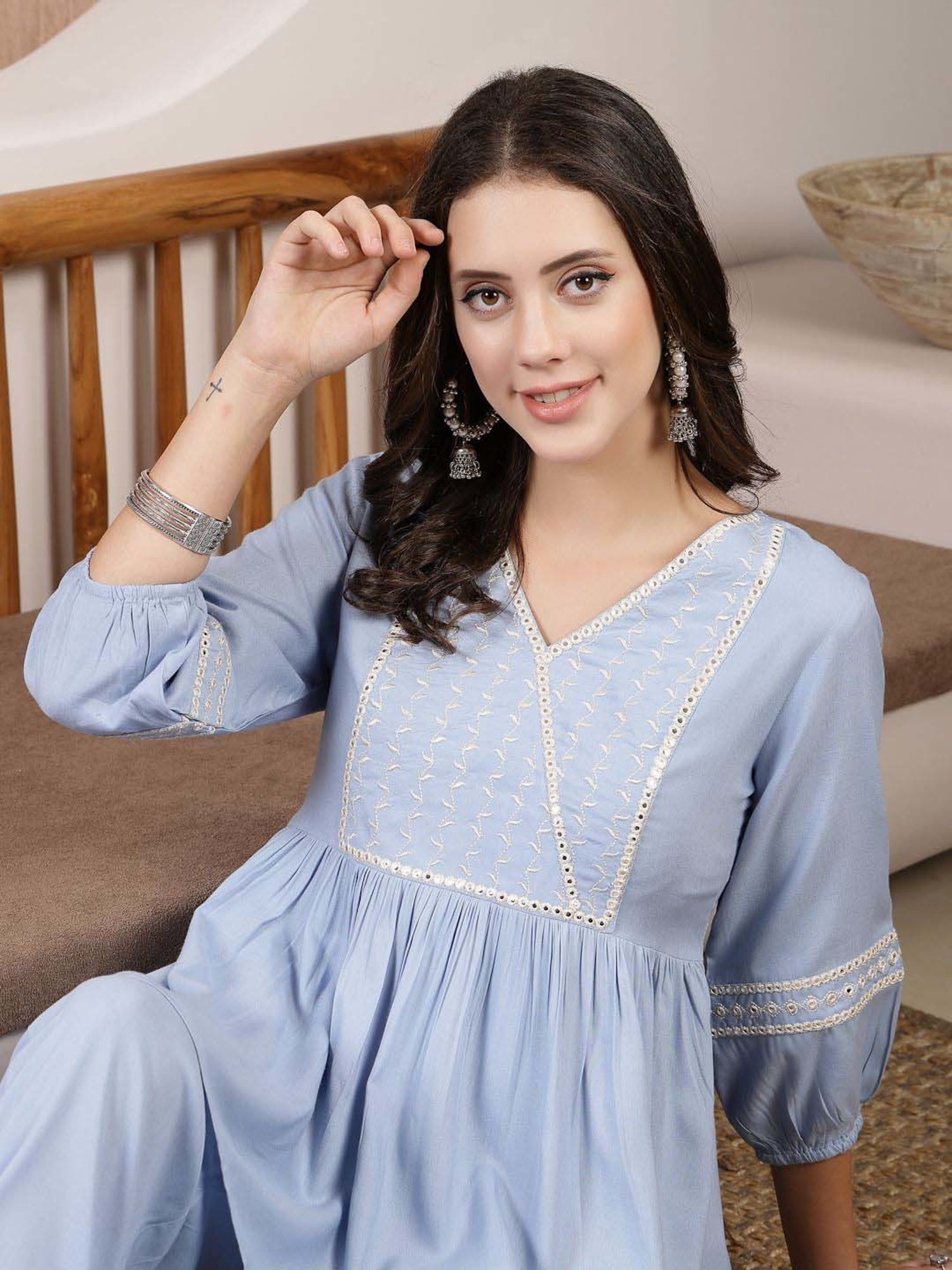 Stylum Blue Embroidered Top Pant Set