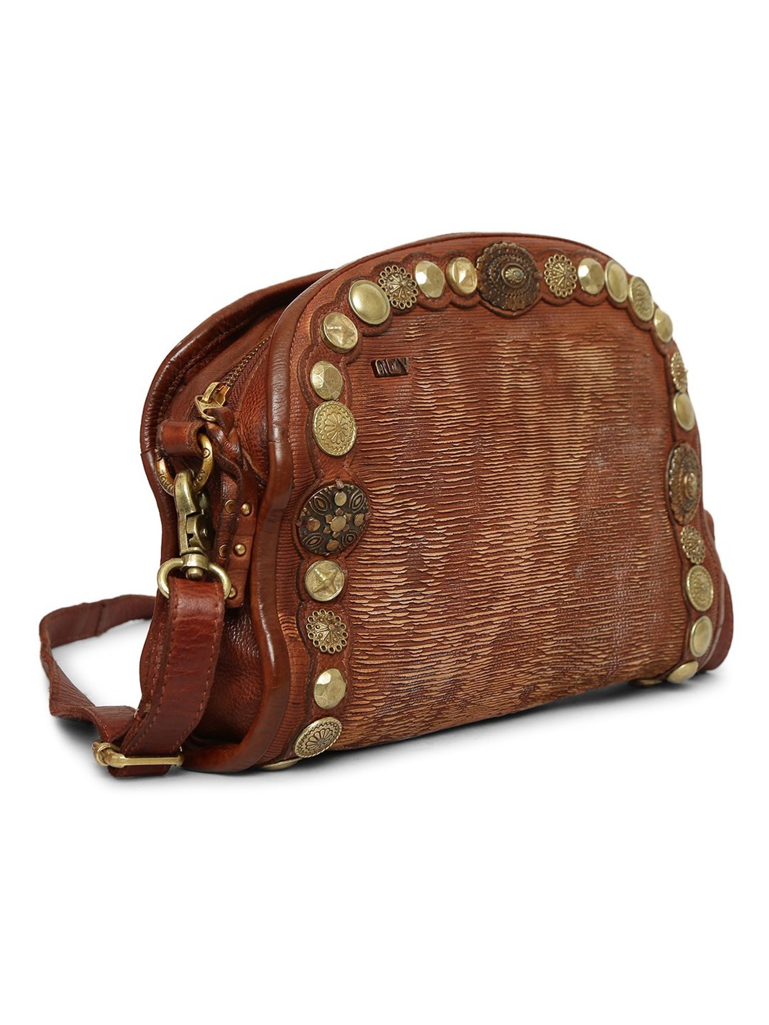 Art N Vintage Silvia Cognac Leather Embellished Medium Sling Handbag