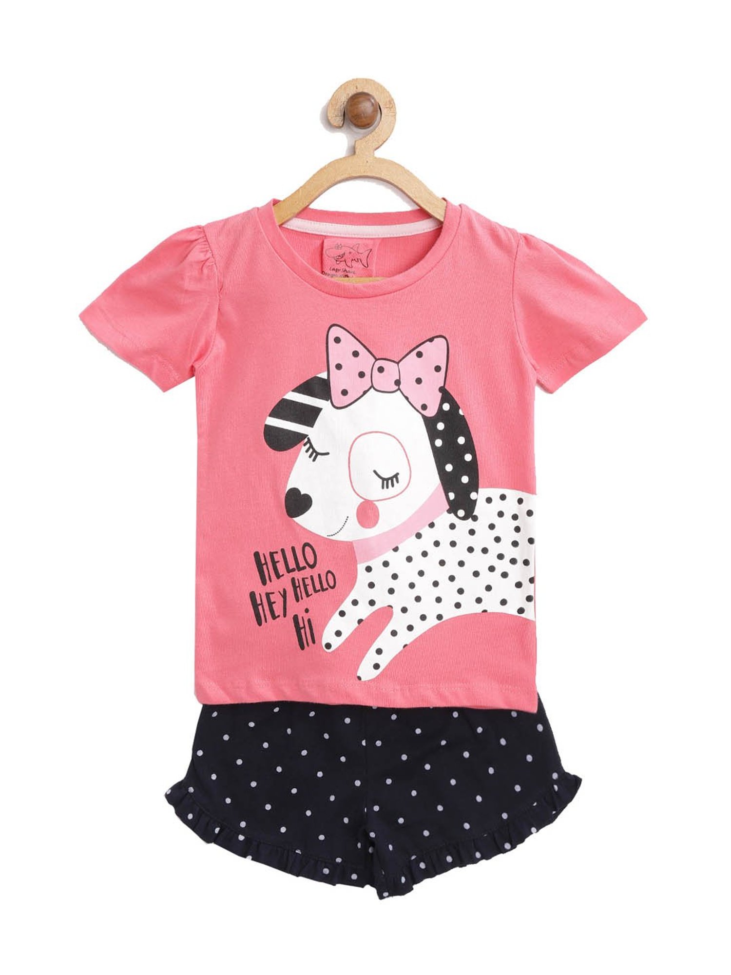 Lazy Shark Kids Peach & Navy Printed  Top with  Shorts