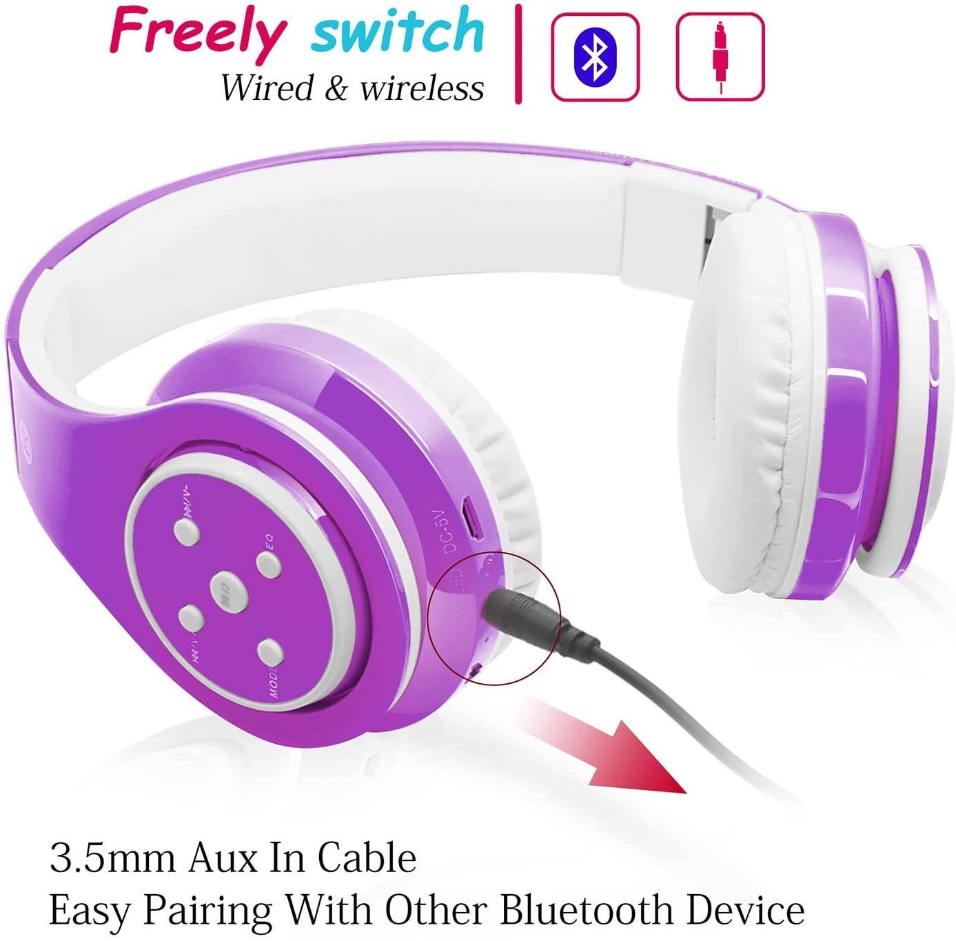Kids Headphones Bluetooth Wireless On-Ear Foldable Stereo Sound Headset Safey Volume Limited Long Playing time SD Card Slot Build-in Mic 3.5mm Jack Wireless/Wired Headphones(Purple)