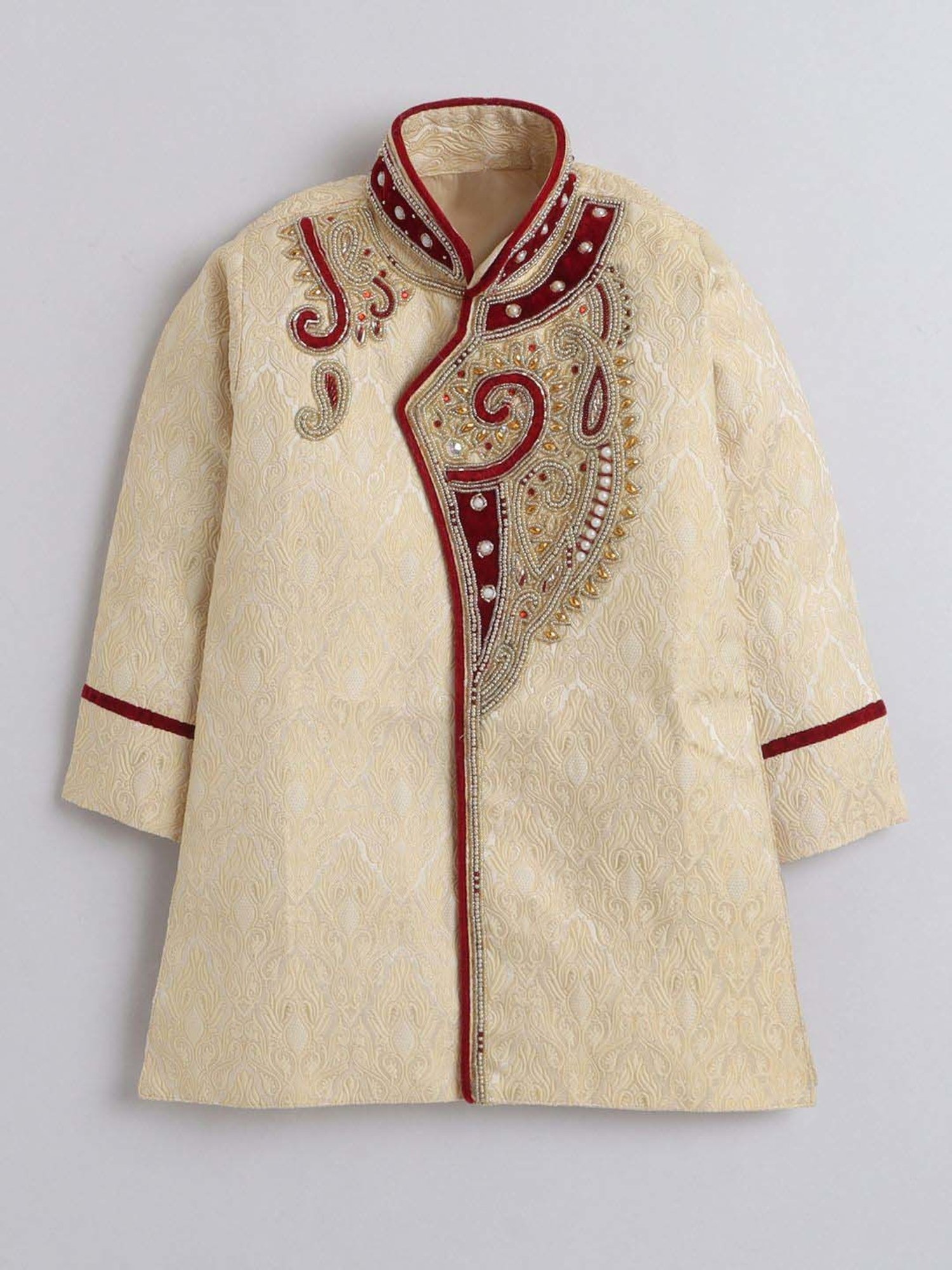 Ahhaaaa Kids Gold & Red Embellished Full Sleeves Sherwani Set