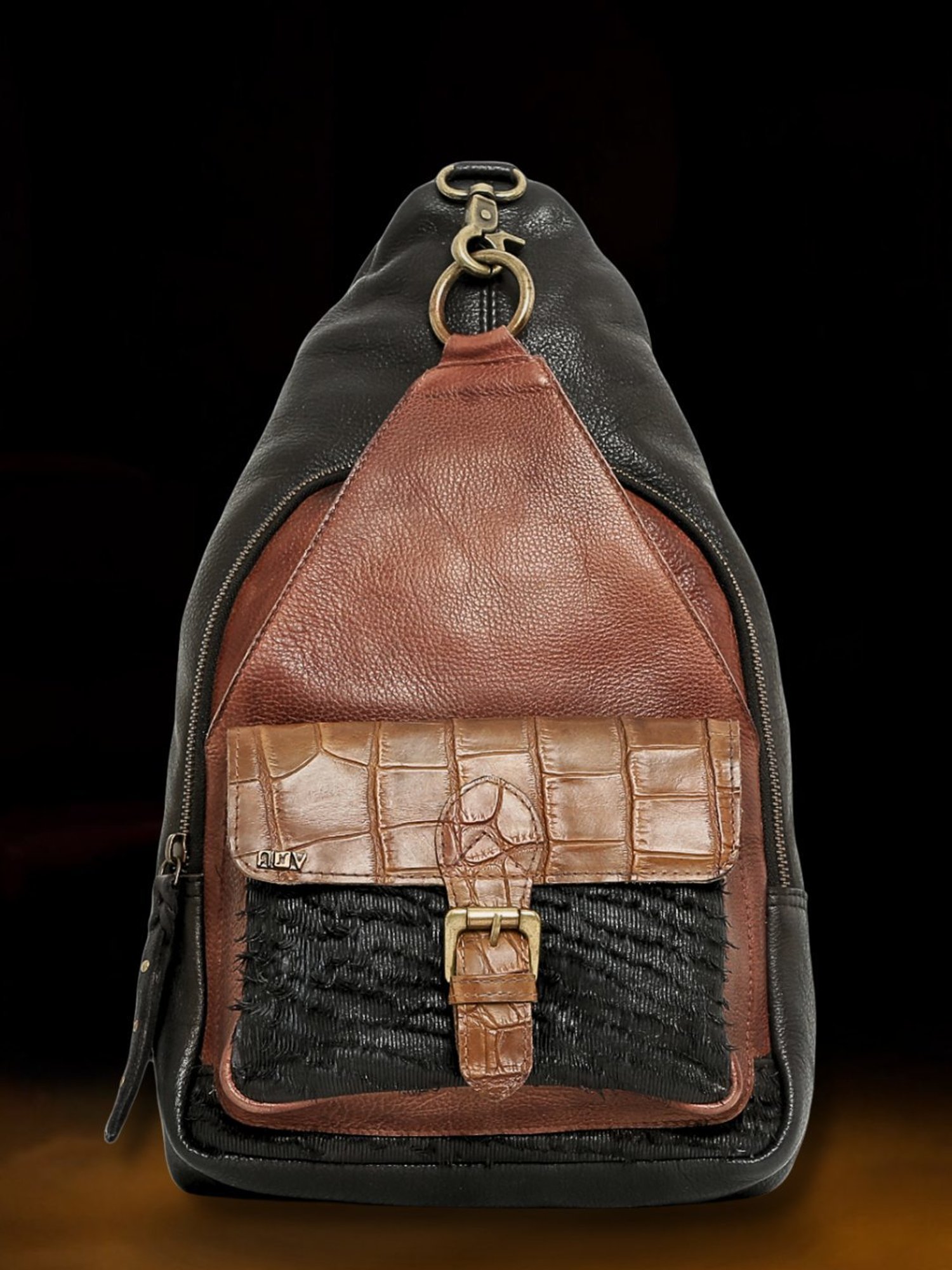 Art N Vintage Biker Black & Brown Leather Color Block Medium Cross Body Bag