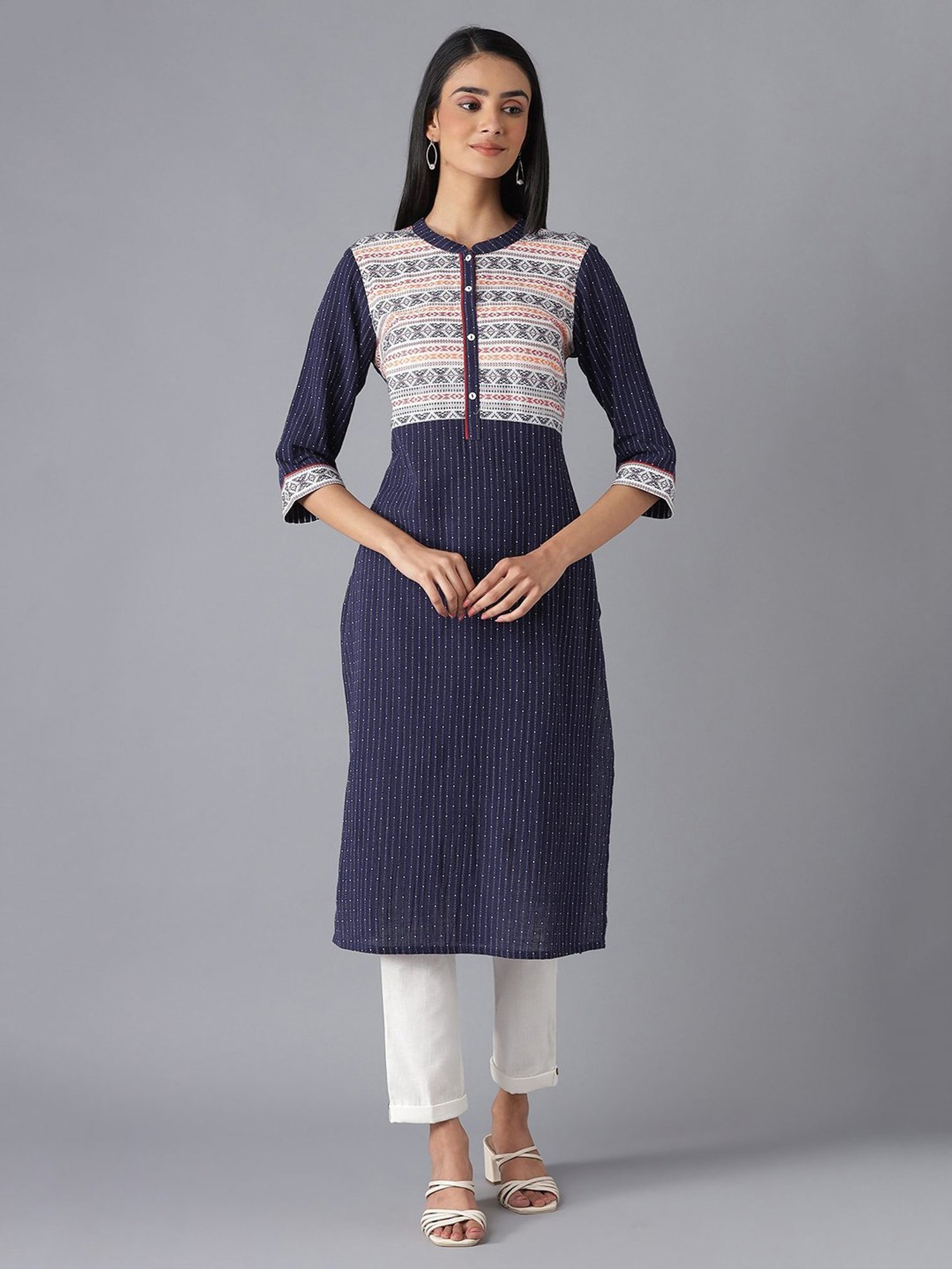 Aurelia Women White Geometric Print Cotton Kurta Set with Trouser