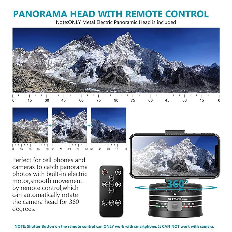 Electric Panoramic Tripod Head for Time Lapse Shooting with Variable Speed and Direction, Built-in Rechargeable Battery and Remote Control for Smartphone DSLR Camera GoPro(Adapter Not Included)