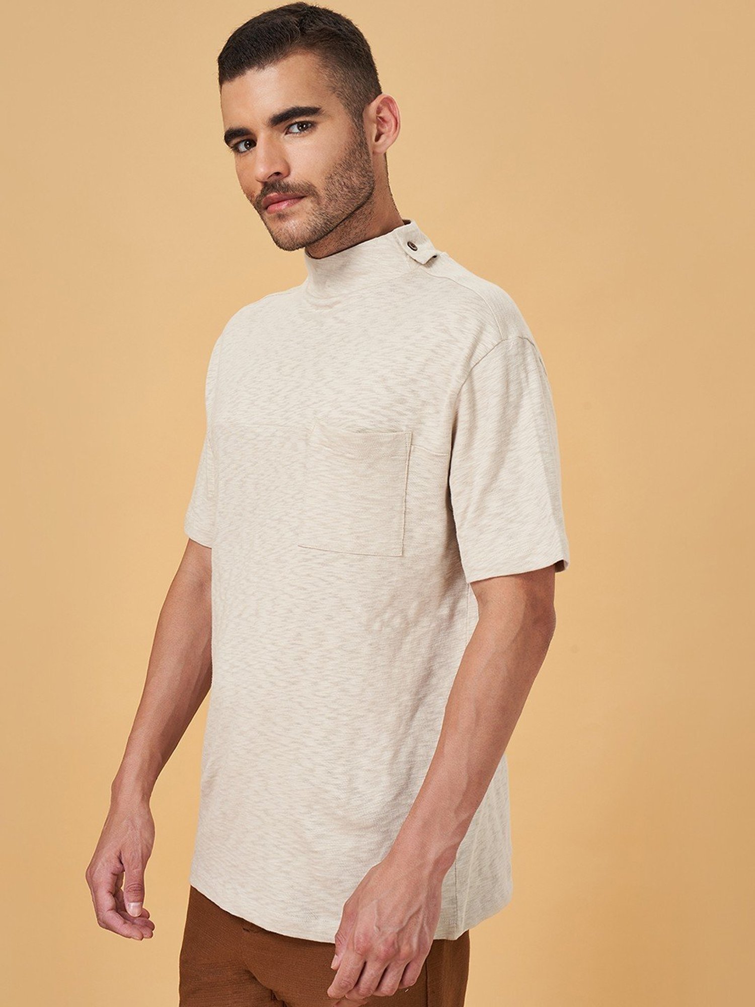 7 Alt by Pantaloons Beige Cotton Relaxed Fit T-Shirt