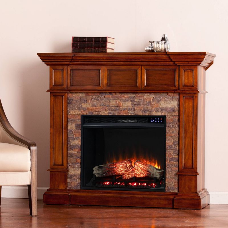 Southern Enterprises Maison Touch Panel Electric Convertible Fireplace with Faux Stone Buckeye Oak