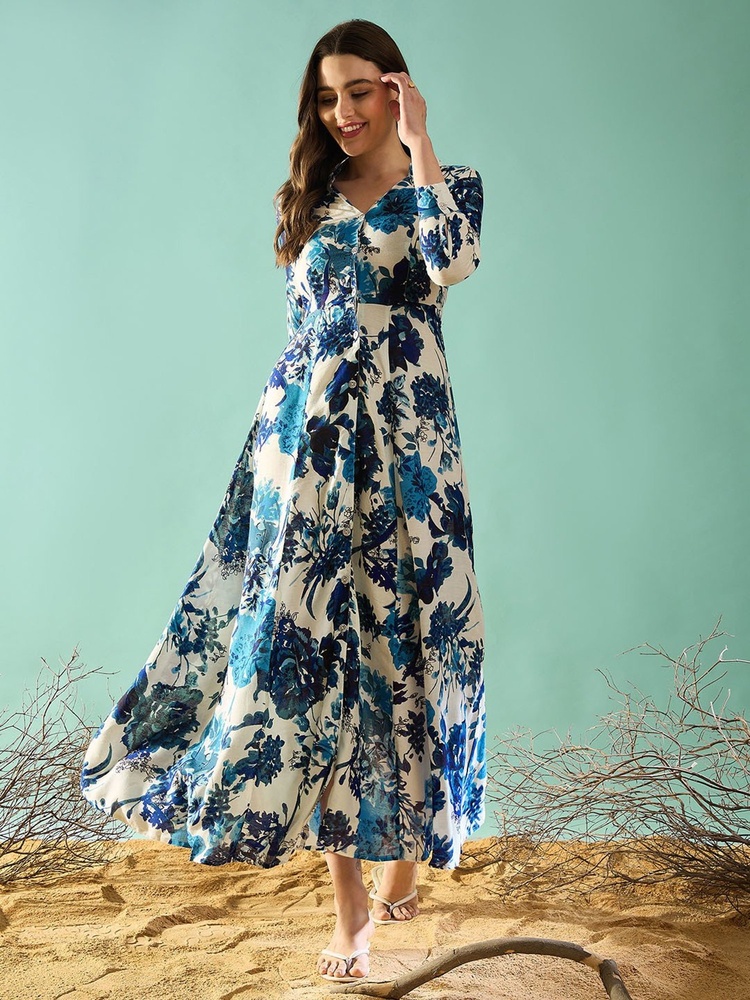 PANIT Blue Floral Print Ethnic Dress