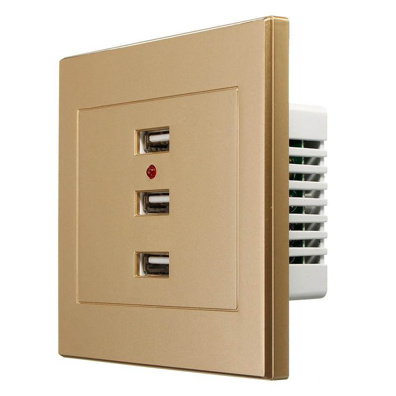 Special 3 Port USB Smart Power Charger Socket Gold Color Home Useful Alloy Shell Sockets 220V To 5V For Cell Phone PC