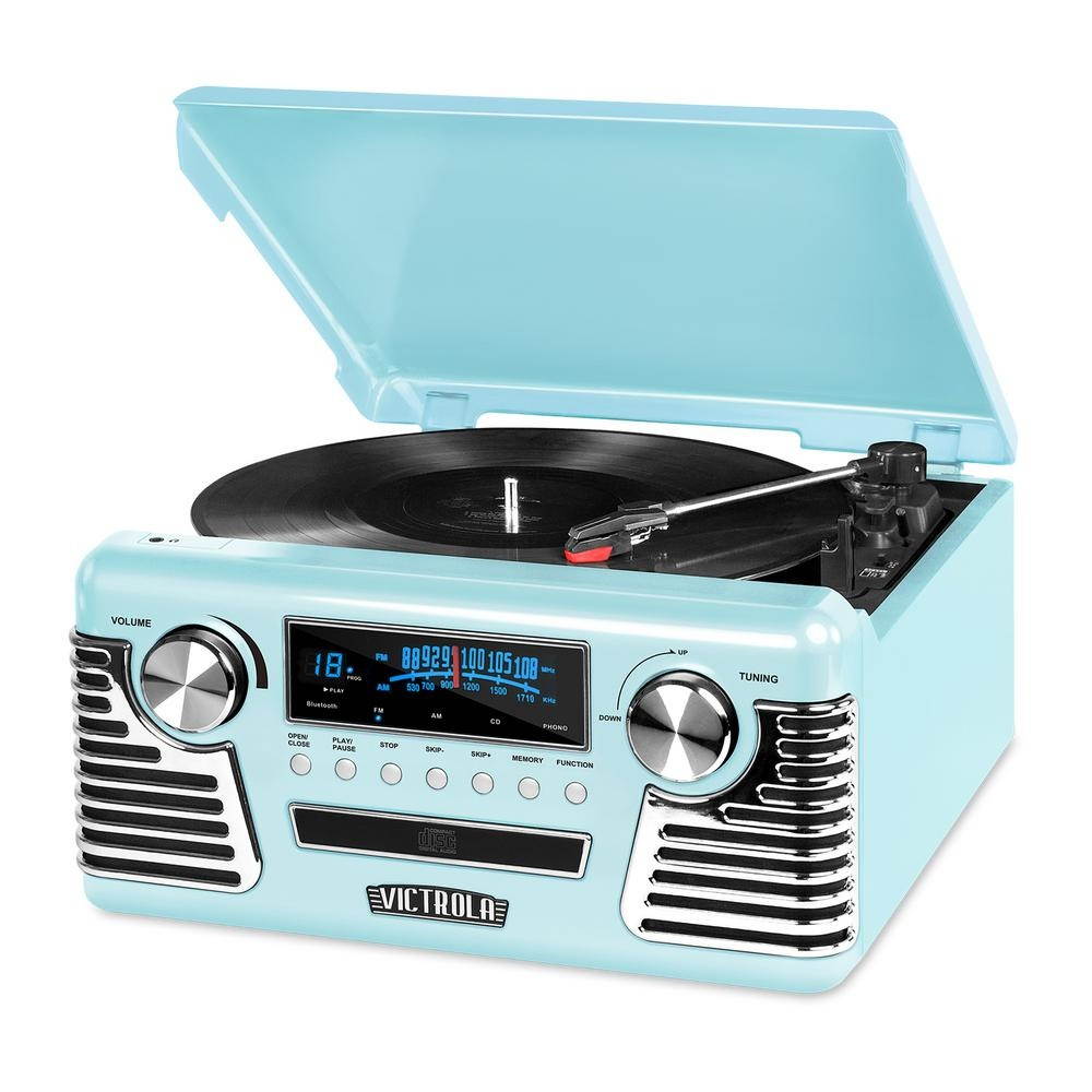 victrola 50's retro 3speed bluetooth turntable with stereo, cd player and speakers, teal