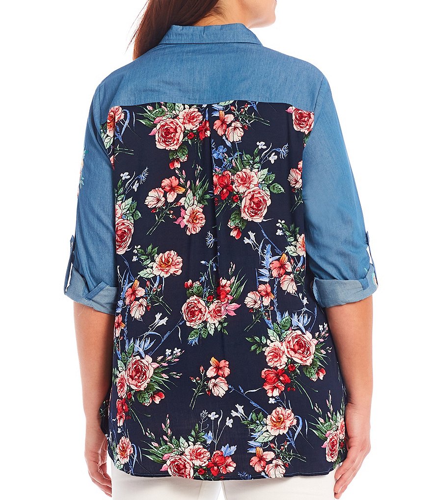 Calessa Plus Size Floral Print Back Embroidered Front Poplin Point Collar Neck 3/4 Sleeve Tunic Shirt