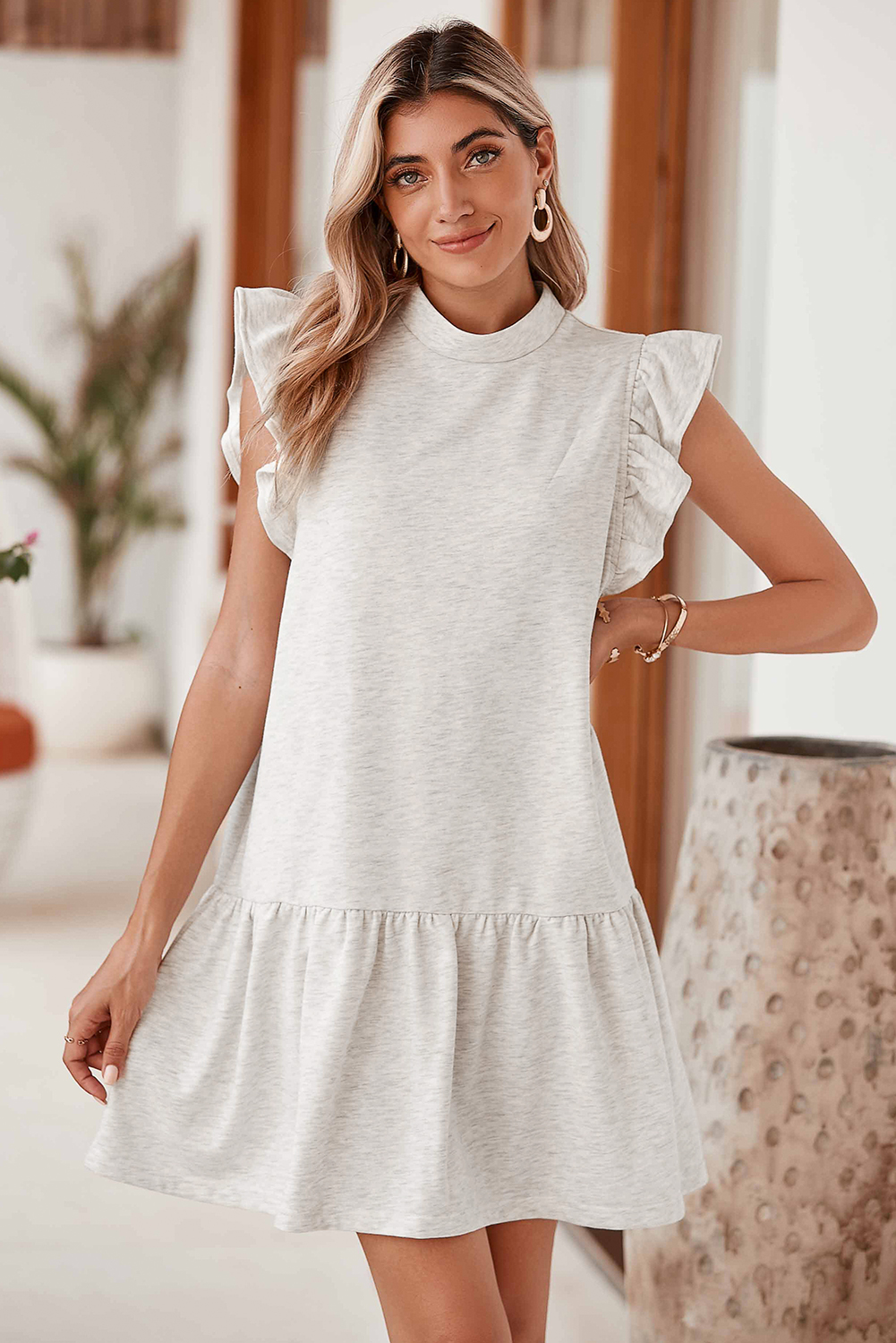 White Solid Color Ruffle Hem Mini Sweatshirt Dress