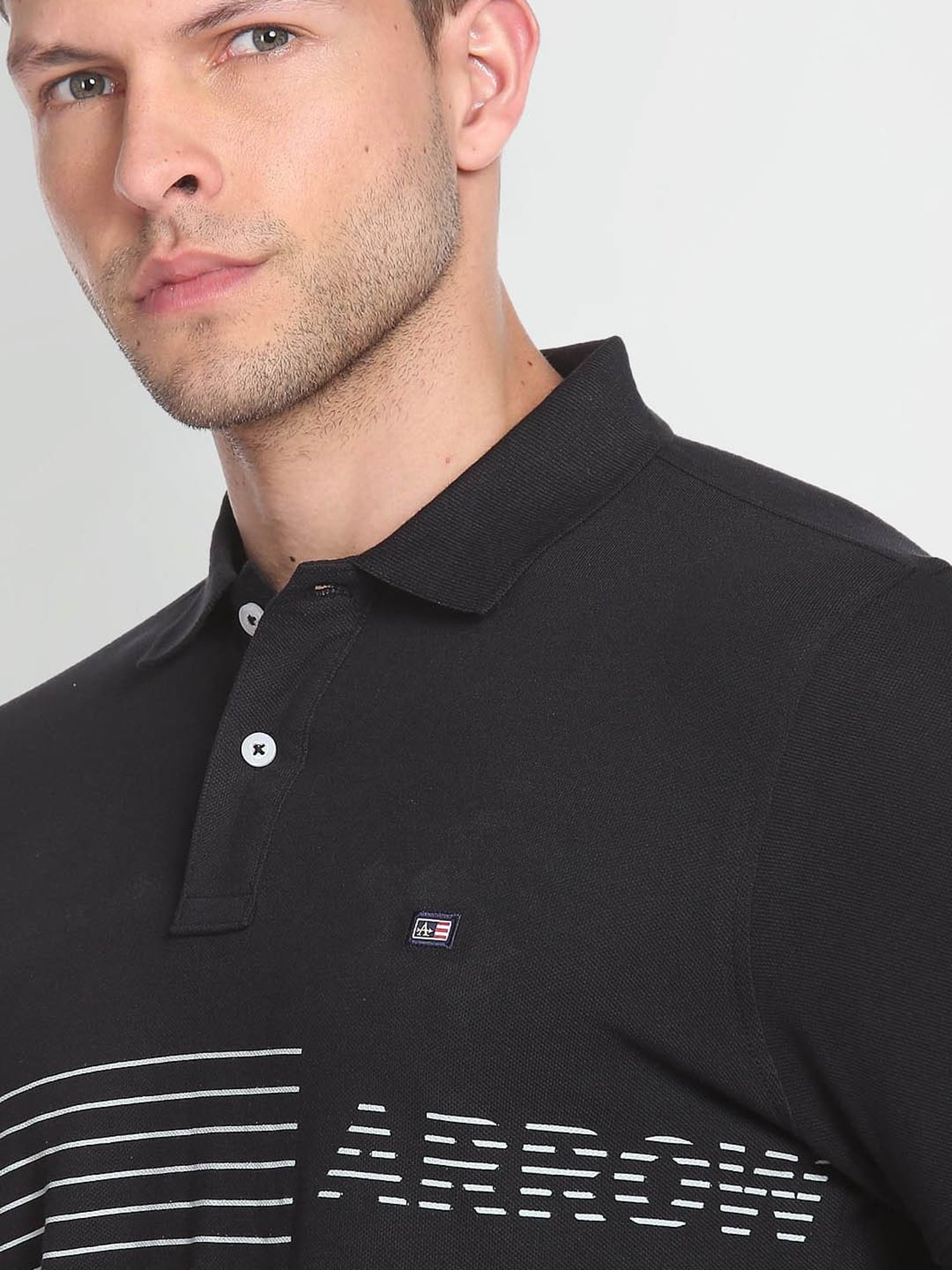 Arrow Sport Black Cotton Regular Fit Striped Polo T-Shirt