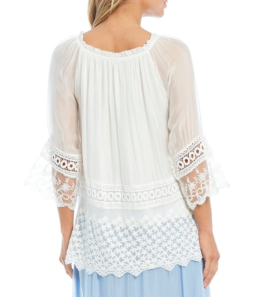 M Made in Italy 3/4 Sleeve Crochet Lace Silk Blend Layered Tunic