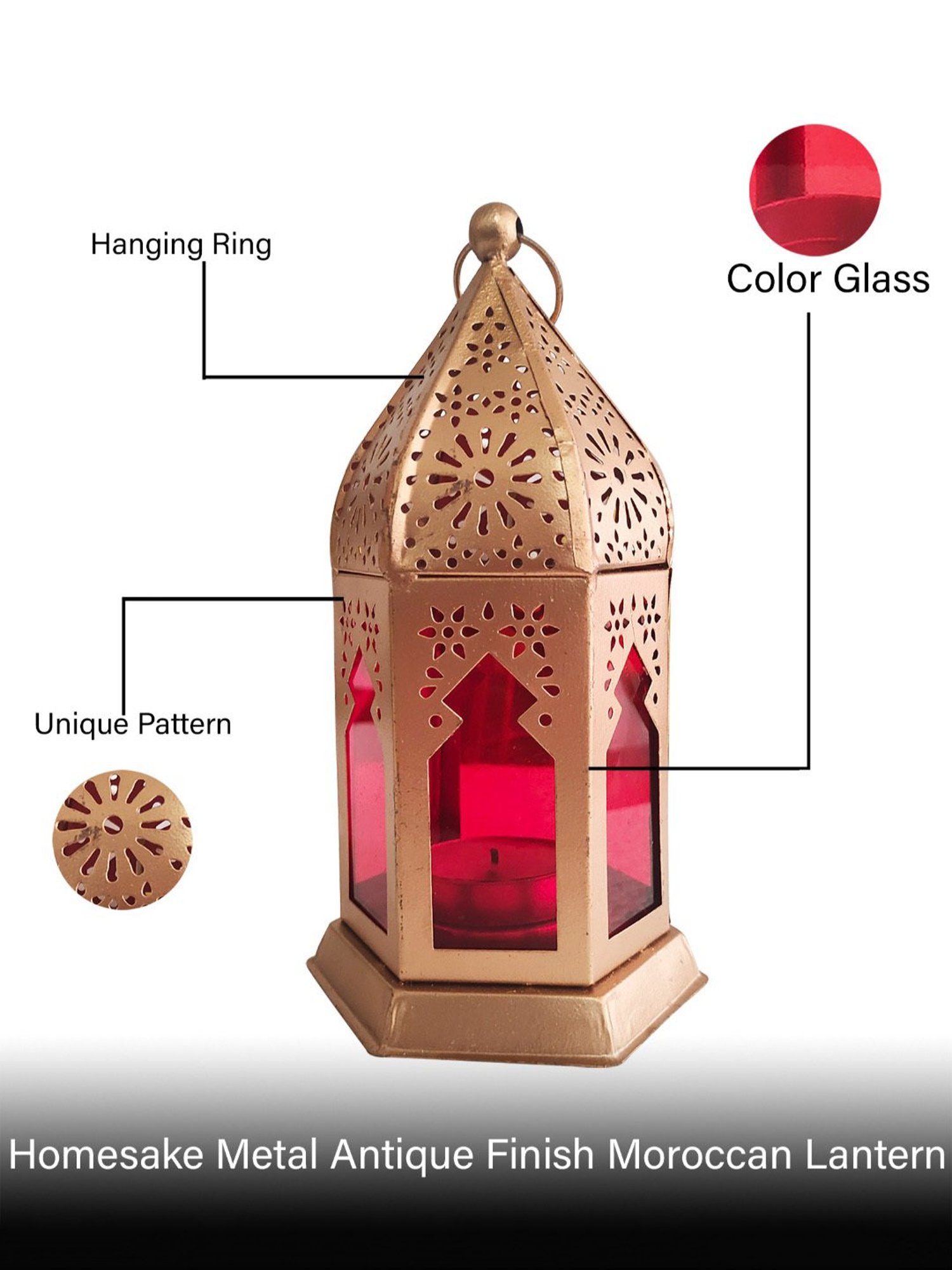 Homesake Antique Red Metal Moroccan Lantern Candle Holder - Set of 2