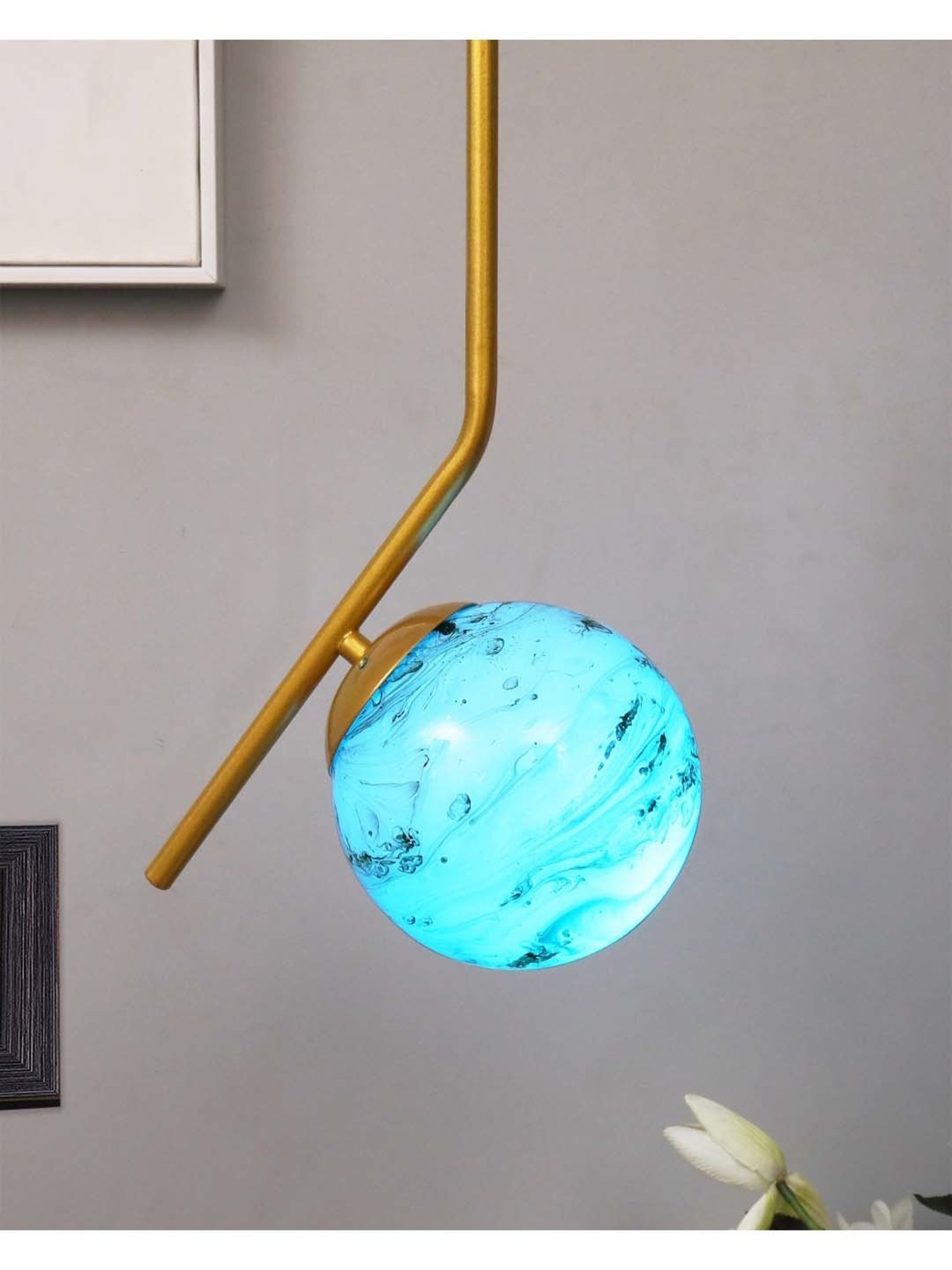 Homesake Modern Blue & Golden Metal Globe Lampshade Pendant Indoor Hanging Light - Set of 1