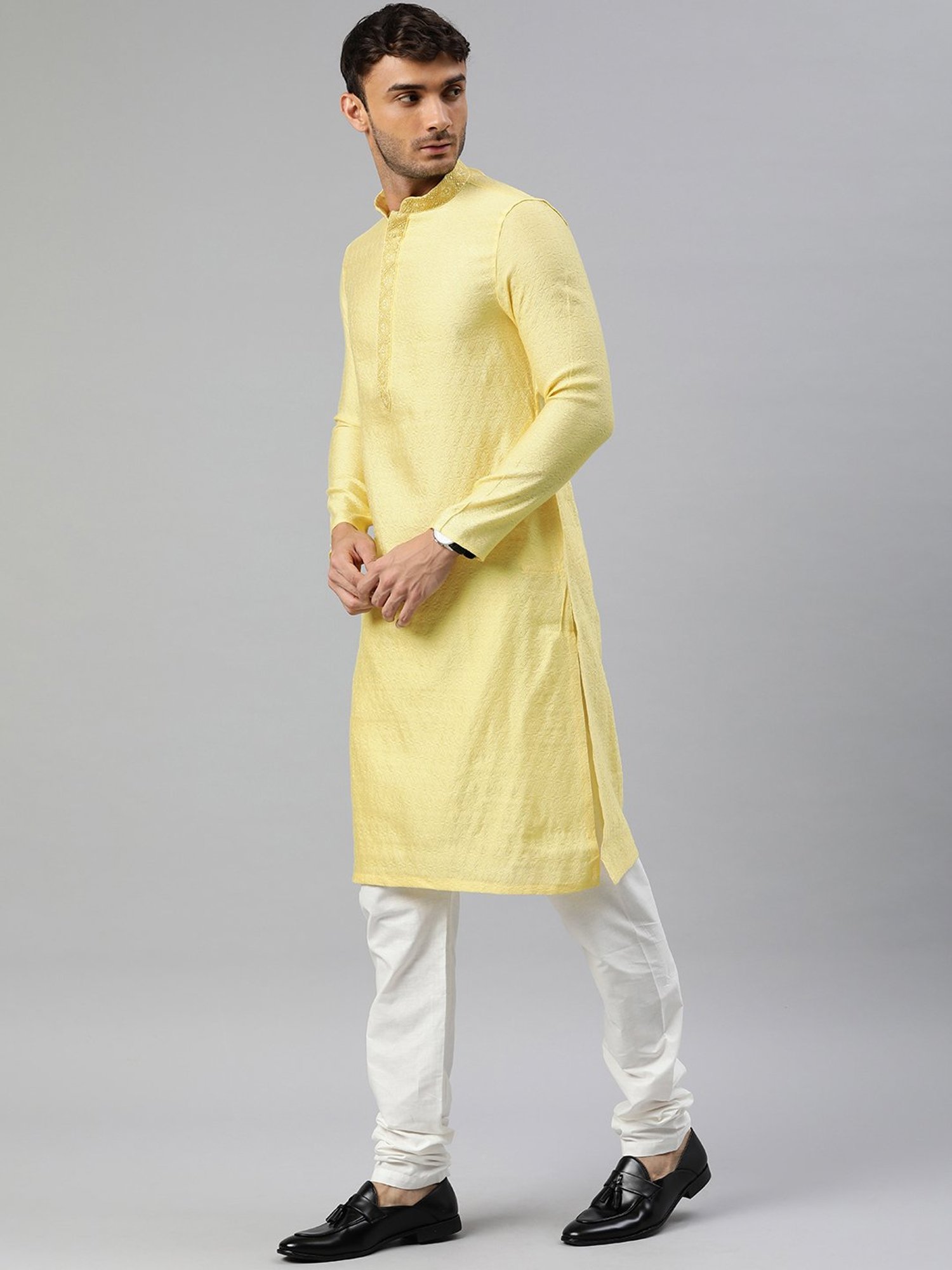 Manthan Yellow & White Regular Fit Self Design Kurta & Churidar Set
