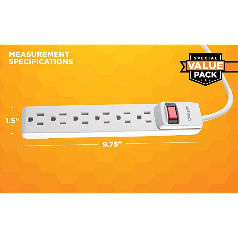 41346 Surge Protector with Overload Safety Feature 6 Outlets and 25 ft Cord for 280J of Protection White 2 Pack