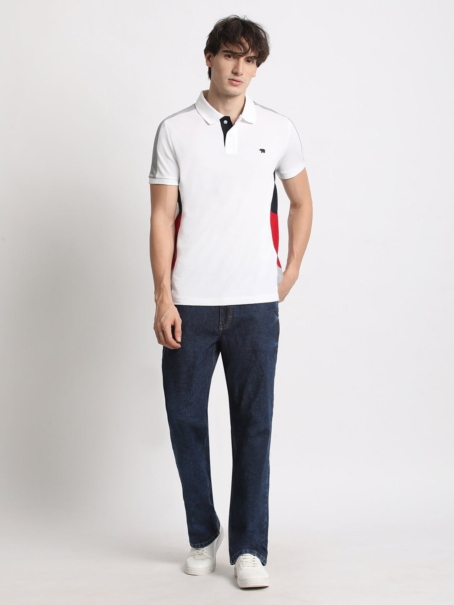 The Bear House White Cotton Slim Fit Colour Block Polo T-Shirt