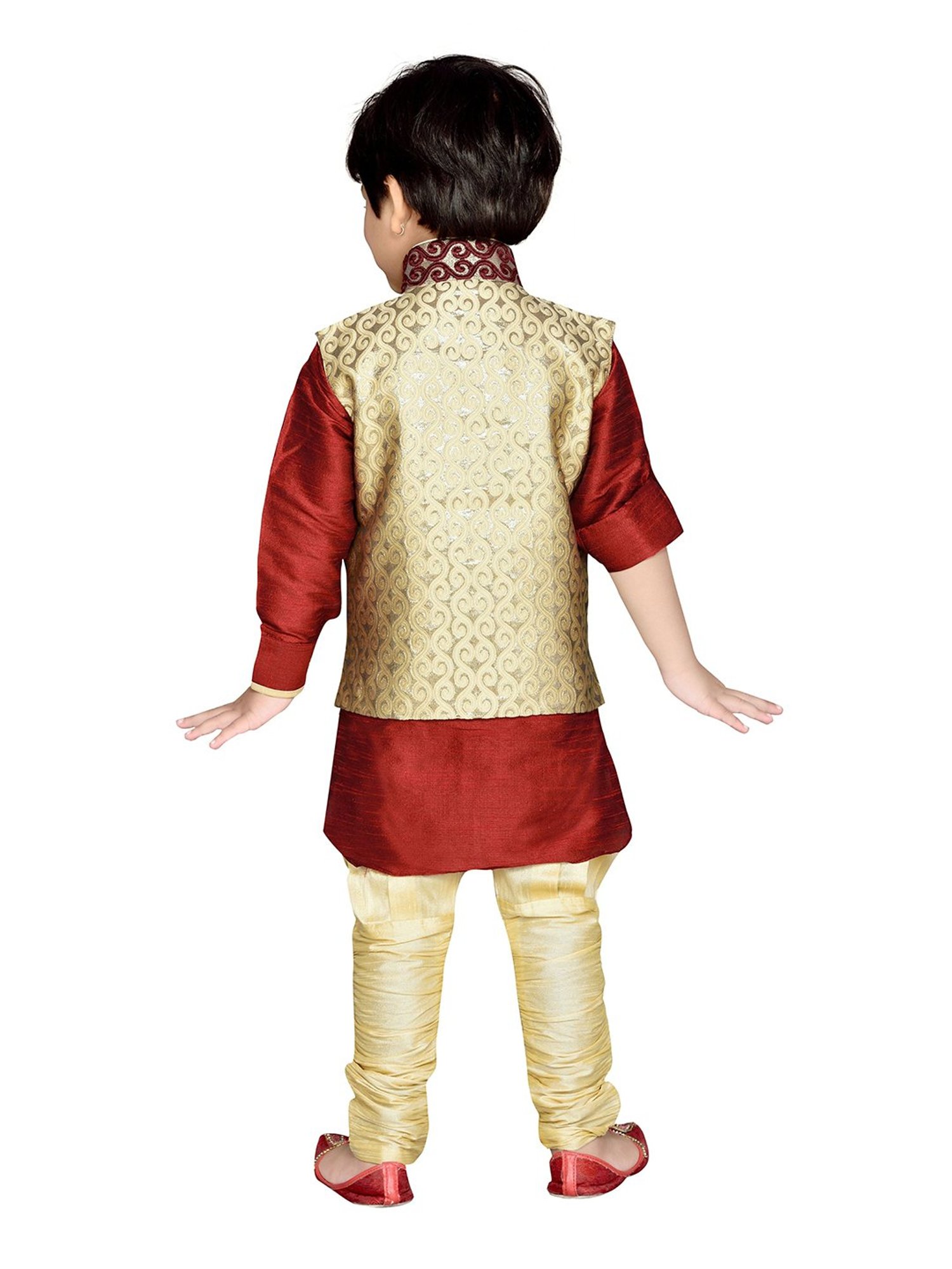AJ Dezines Kids Maroon & Gold Self Design Full Sleeves Kurta, Pyjamas with Waistcoat