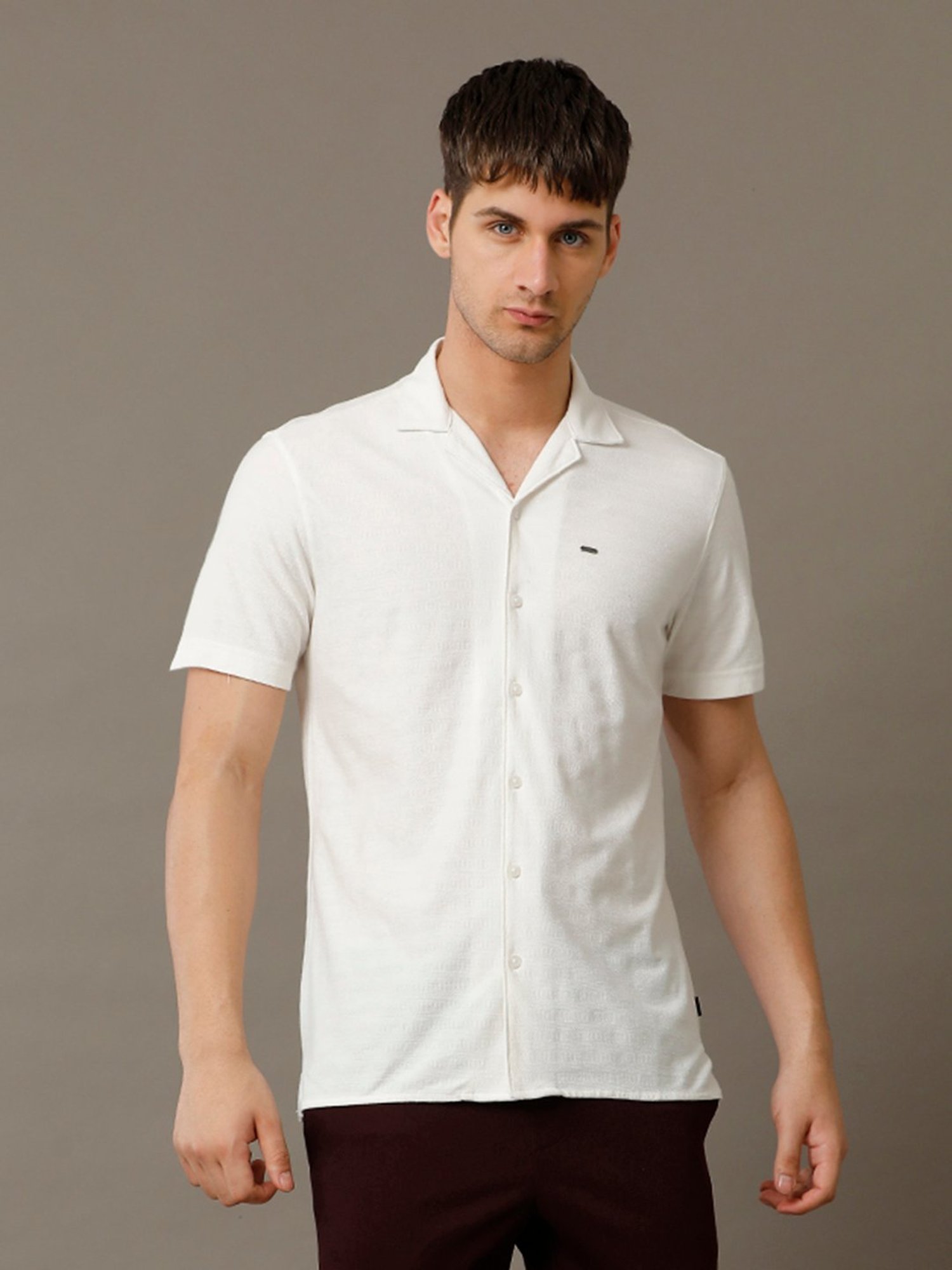 Identiti White Slim Fit Self Design Shirt