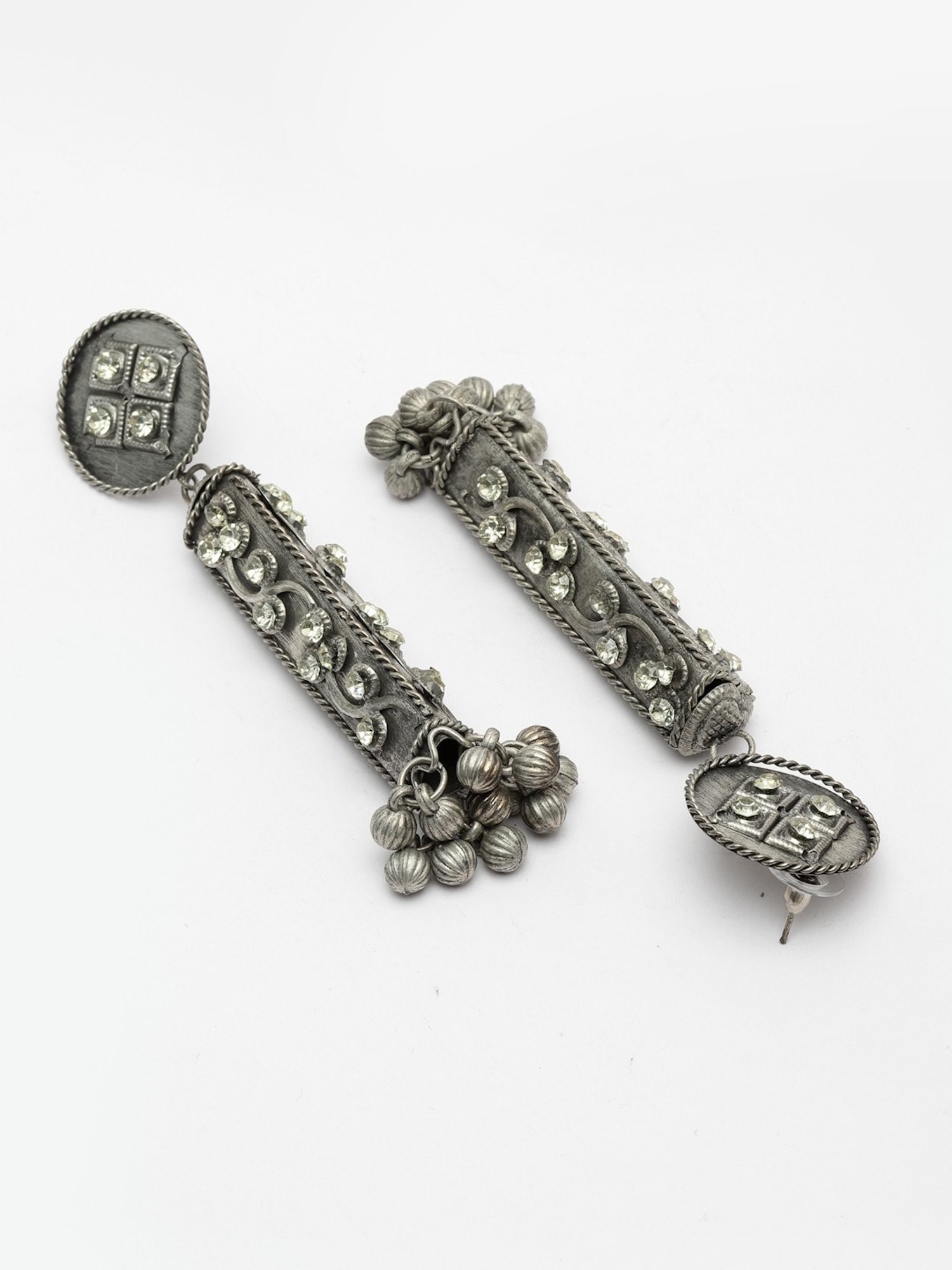 Moedbuille Ghungroo and Crystals Antique Tribal Design Oxidised Silver Plated Earrings