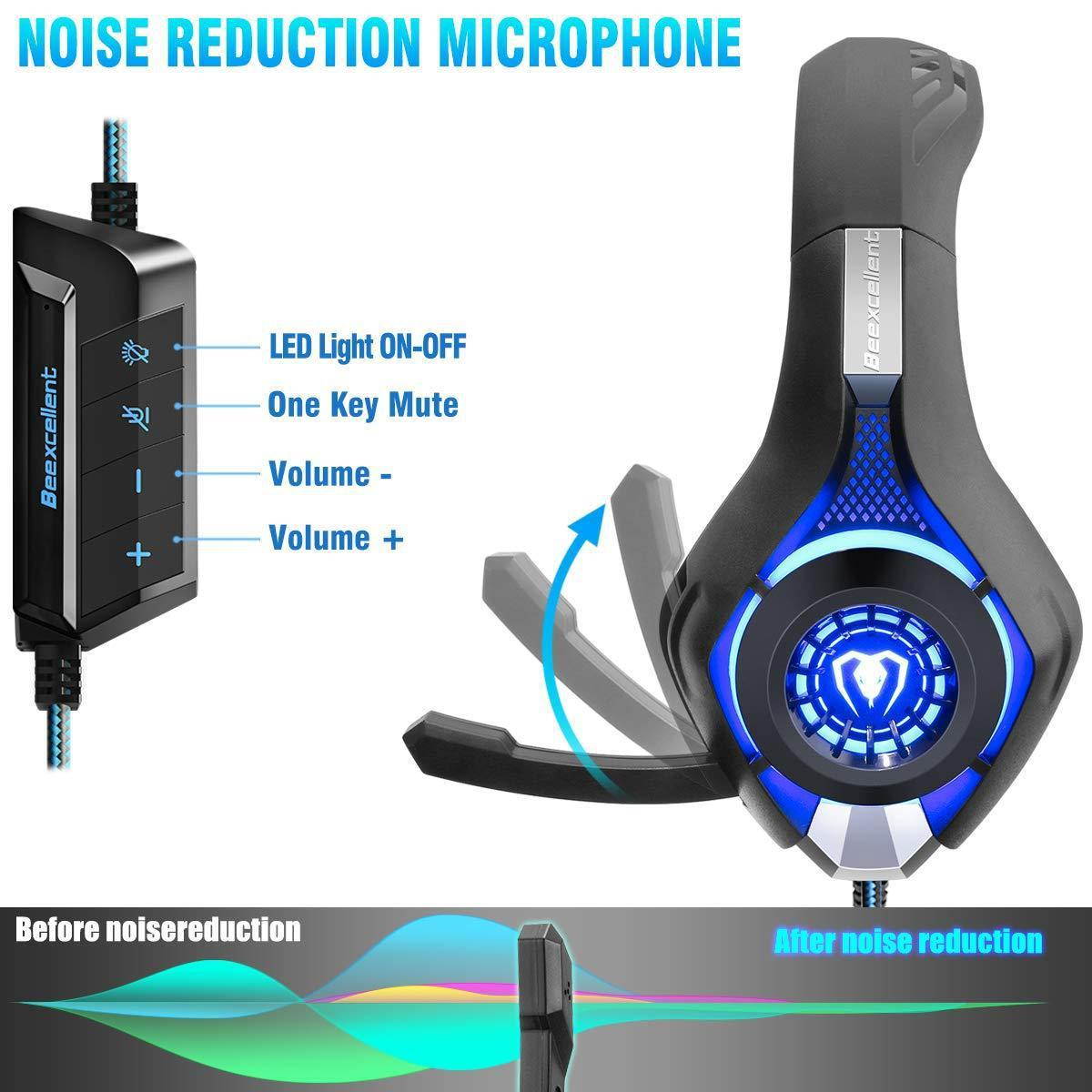 beexcellent usb headset, 7.1 surround sound computer gaming headset, pc headset with noise canceling mic volume control led light for pc mac laptop