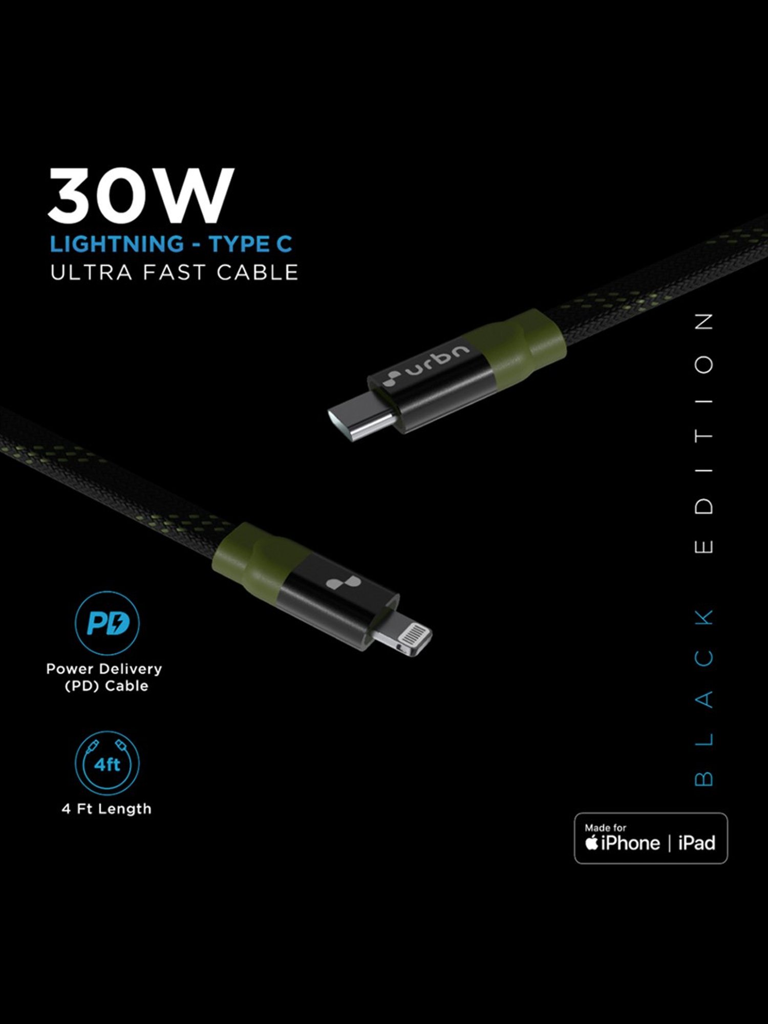 URBN 30W Apple MFi Certified Super Fast Lightning Cable, Type C to Lightning 4 Feet (Camo)