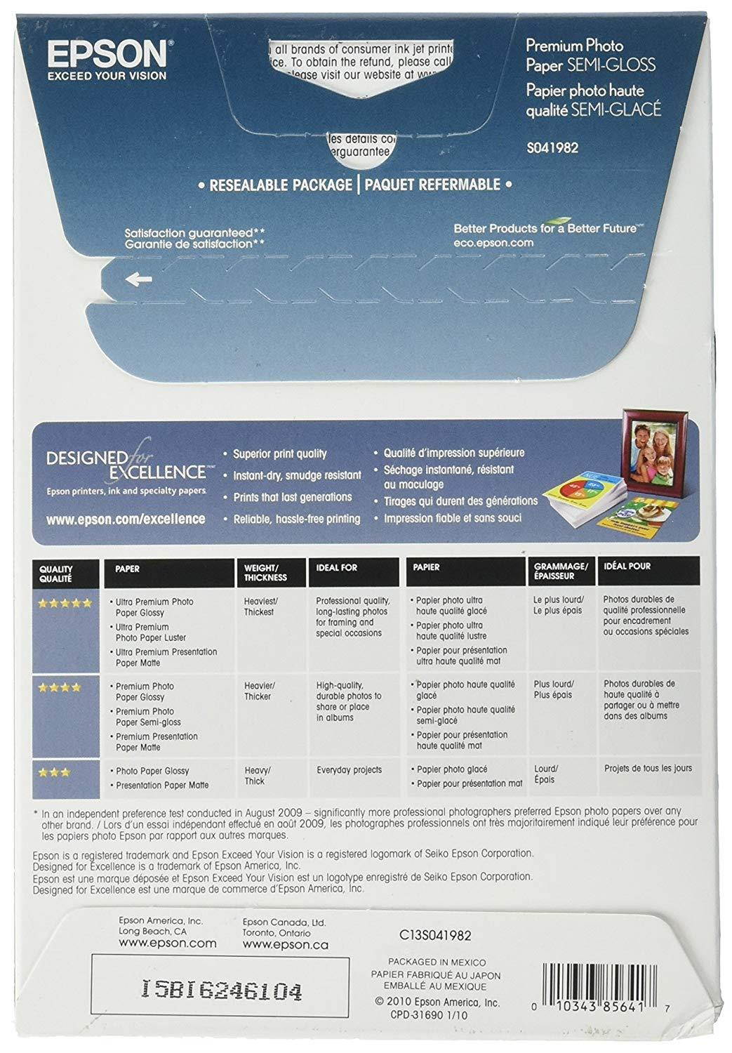 Epson Premium Photo Paper SEMI-GLOSS (4x6 Inches, 40 Sheets) (S041982)