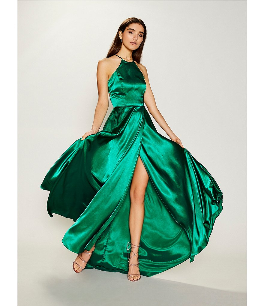 Blondie Nites Halter Neck Lace-Up Back Side Slit Satin Long Dress