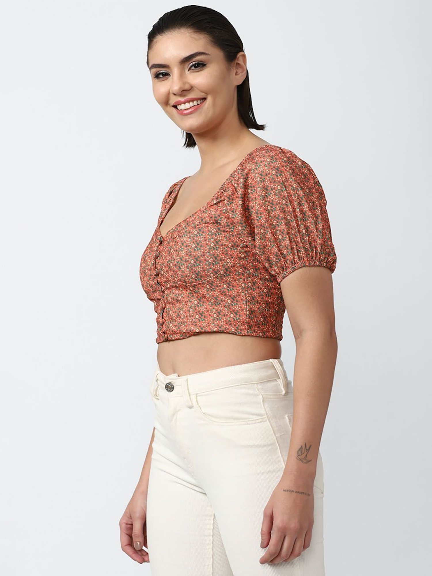Forever 21 Peach Floral Print Crop Top