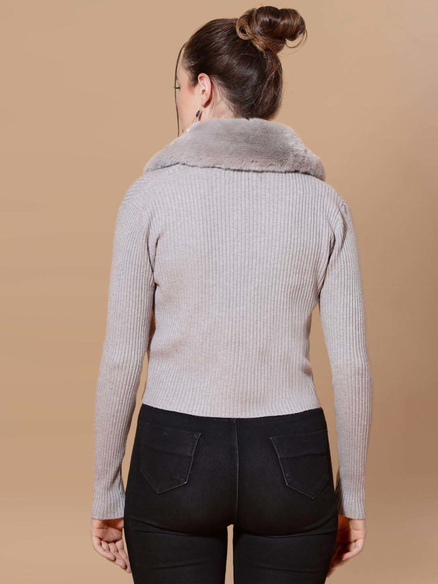 Mafadeny Grey Plain Cropped Cardigan