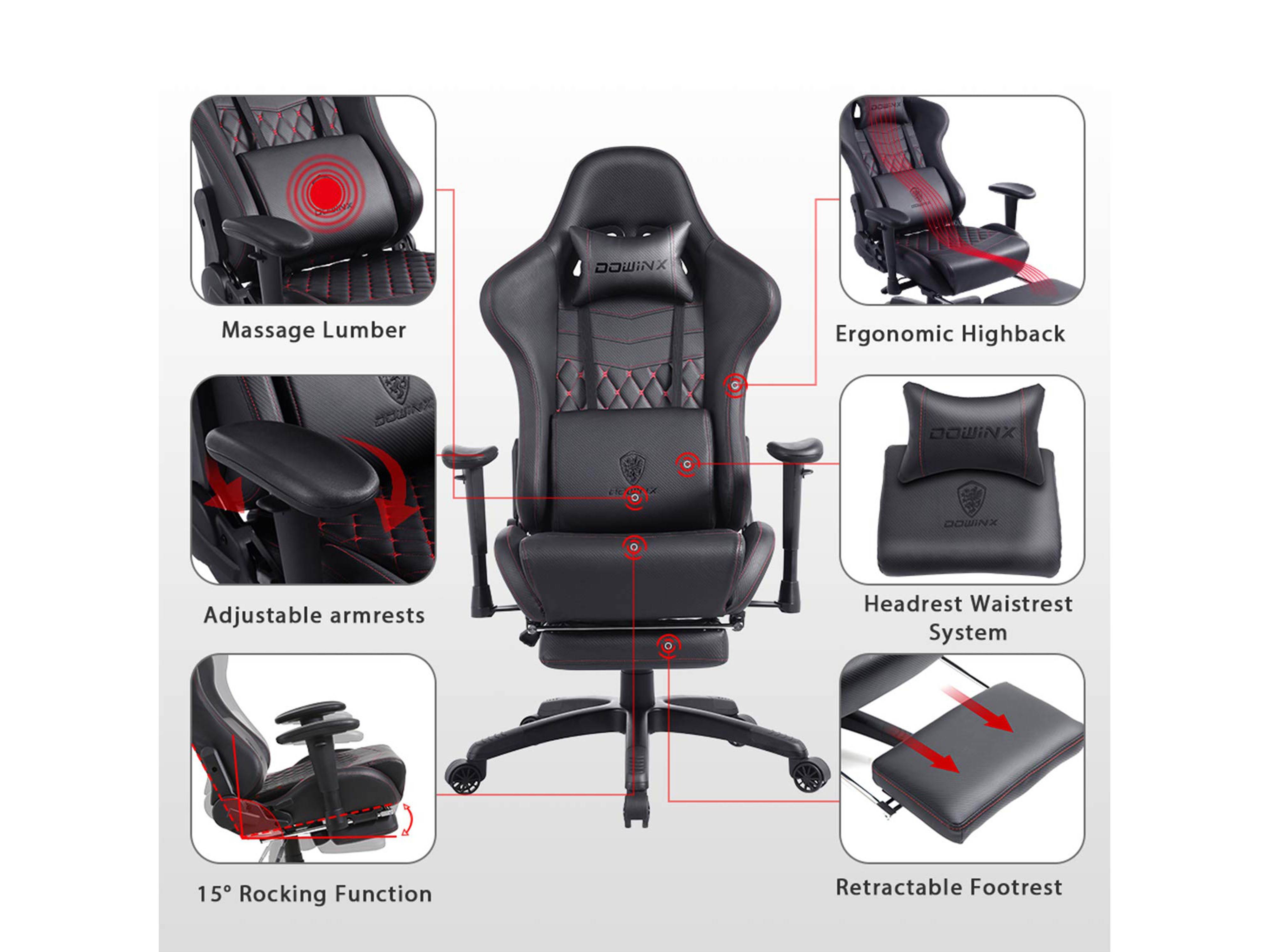 Dowinx Gaming Chair Ergonomic Retro Style Recliner with Massage Lumbar Support Office Armchair for Computer PU Leather with Retractable Footrest Grey