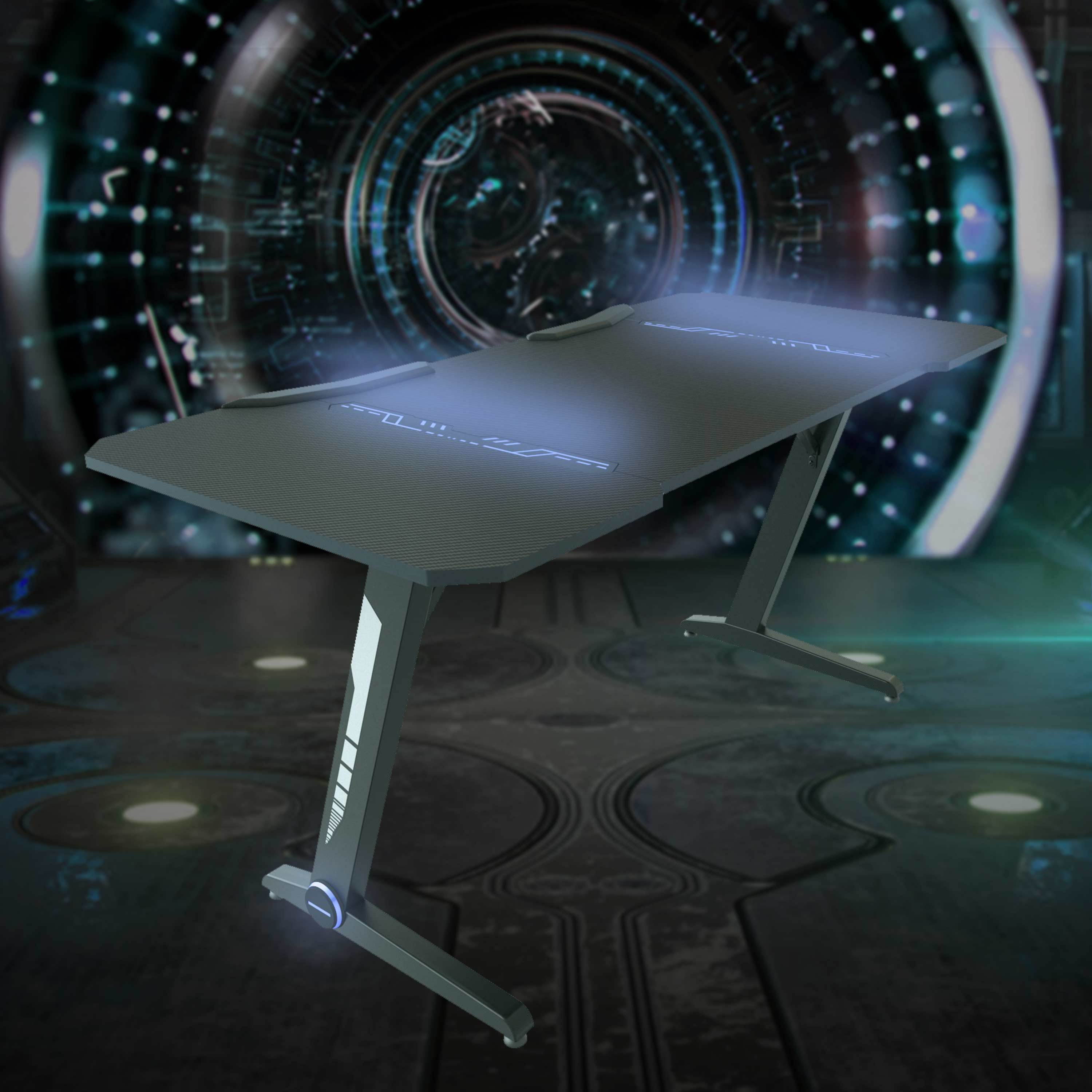 43.3'' Gaming Desk Z-Shaped Professional E-Sport Gamer Workstation Ergonomic PC Gaming Table Home Office Desk with LED Lights & Large Carbon Fiber Surface